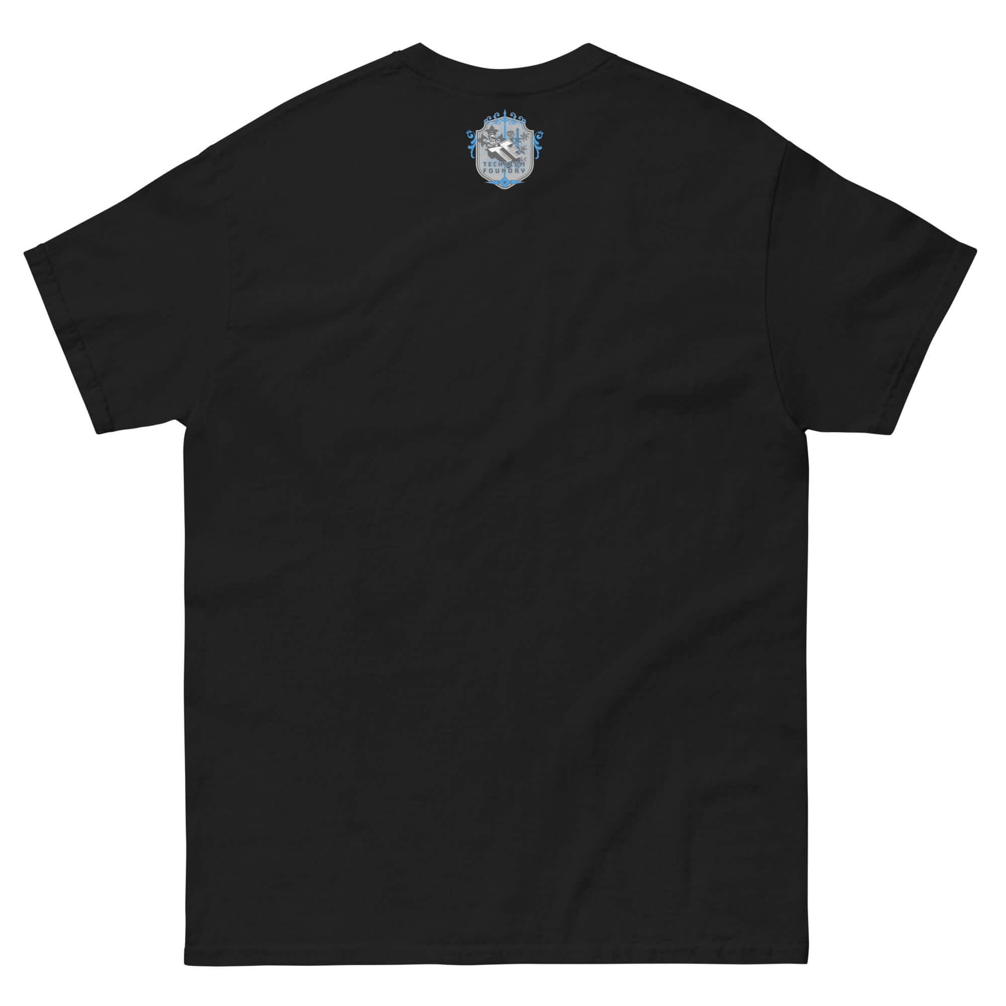 Back view of a black t-shirt featuring a small modern dating satire graphic near the neckline, perfect for relationship comedy fans.