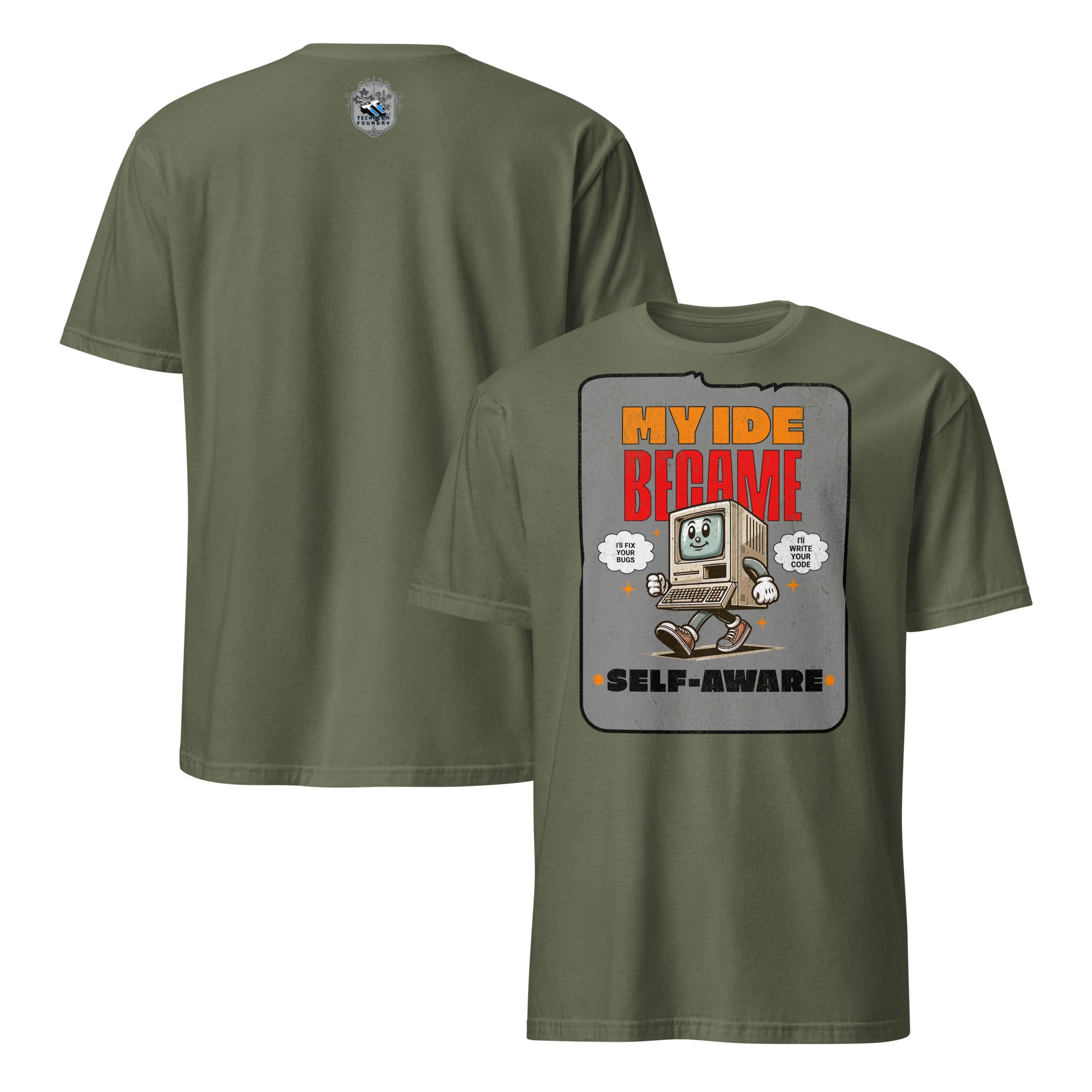 Green t-shirt with 'My IDE Became Self-Aware' and cute AI computer design, perfect for developers with a sense of humor.