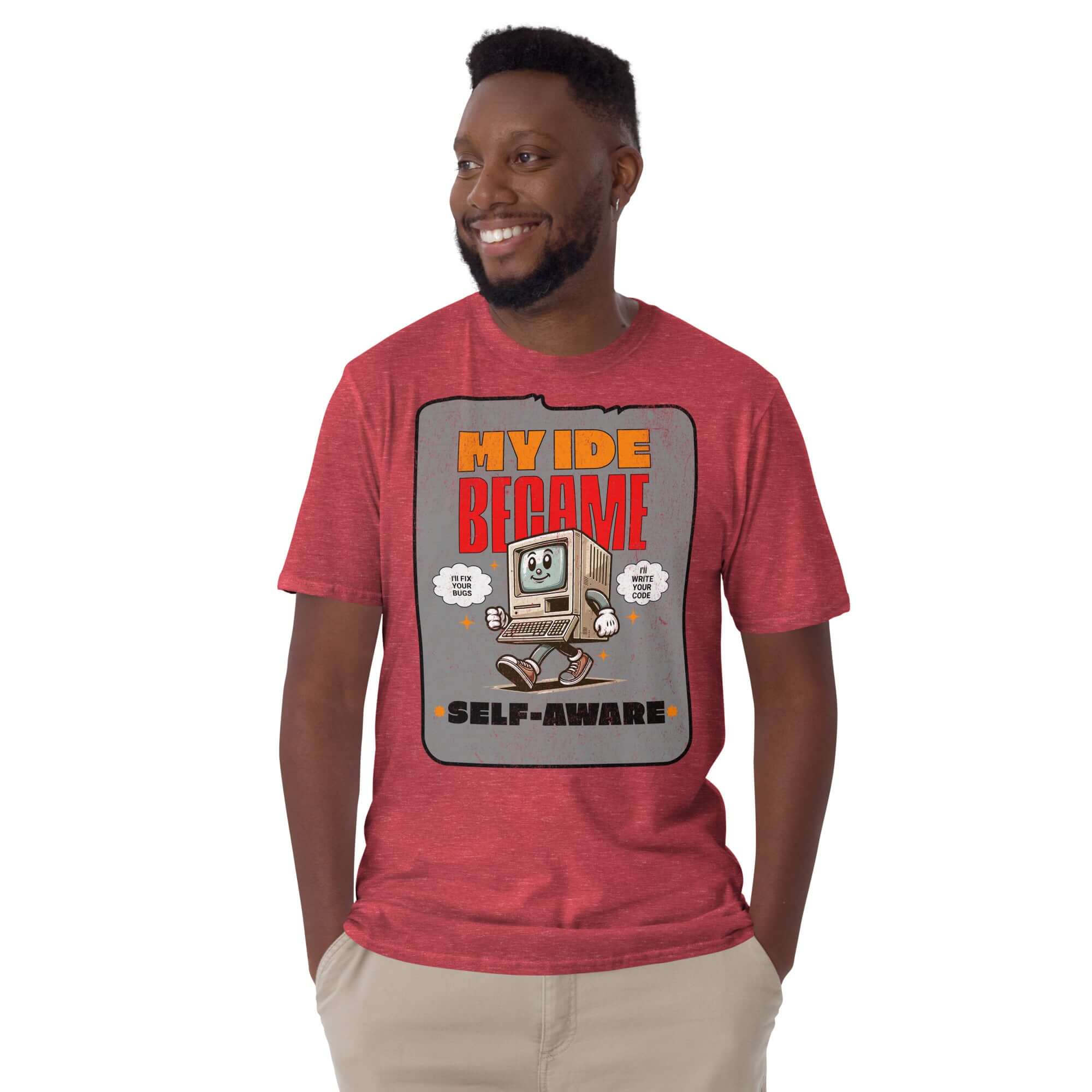 Man wearing "My IDE Became Self-Aware" T-shirt with cute AI computer design, red color.