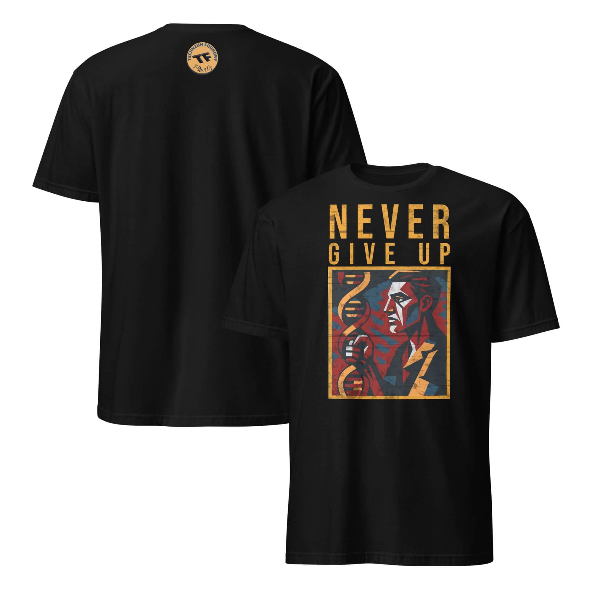 Black DNA science T-shirt with 'NEVER GIVE UP' design, showcasing scientific persistence and genetic research motivation.