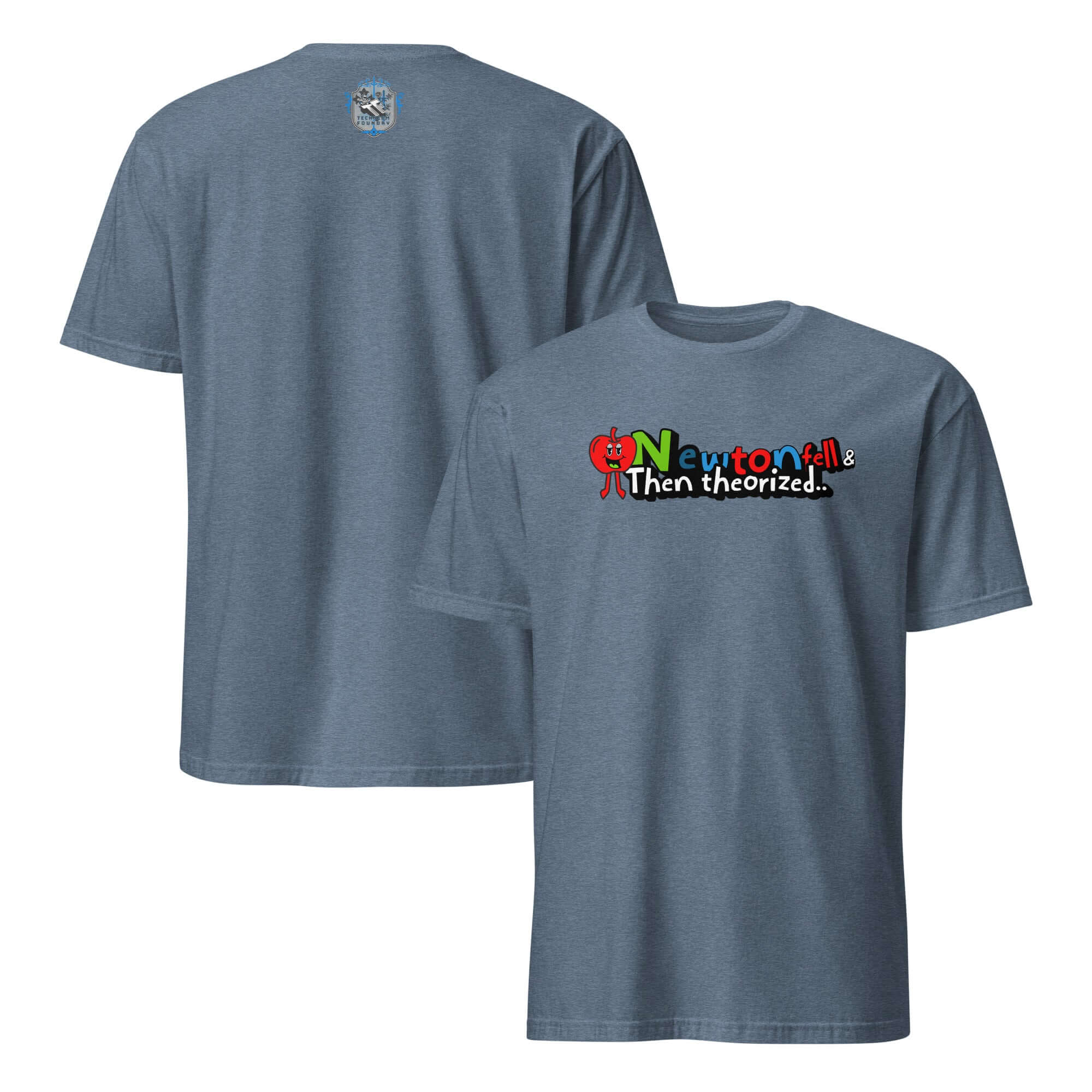 Newton fell & Then Theorized T-Shirt with cartoon apple, celebrating physics history humor.