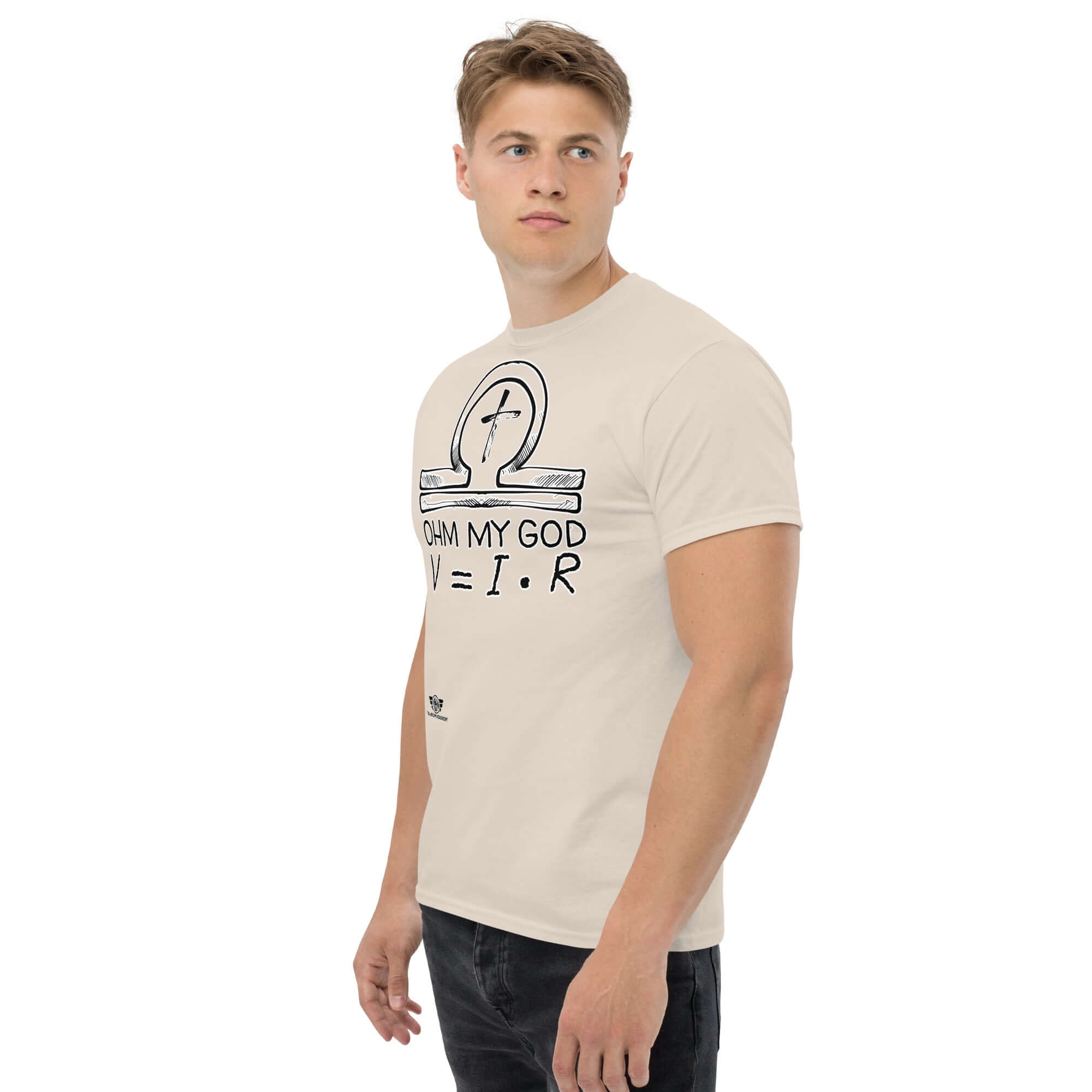 Model wearing 'Ohm My God' T-shirt featuring Ohm's Law and Christian ankh symbol in omega design, blending physics and faith humorously.