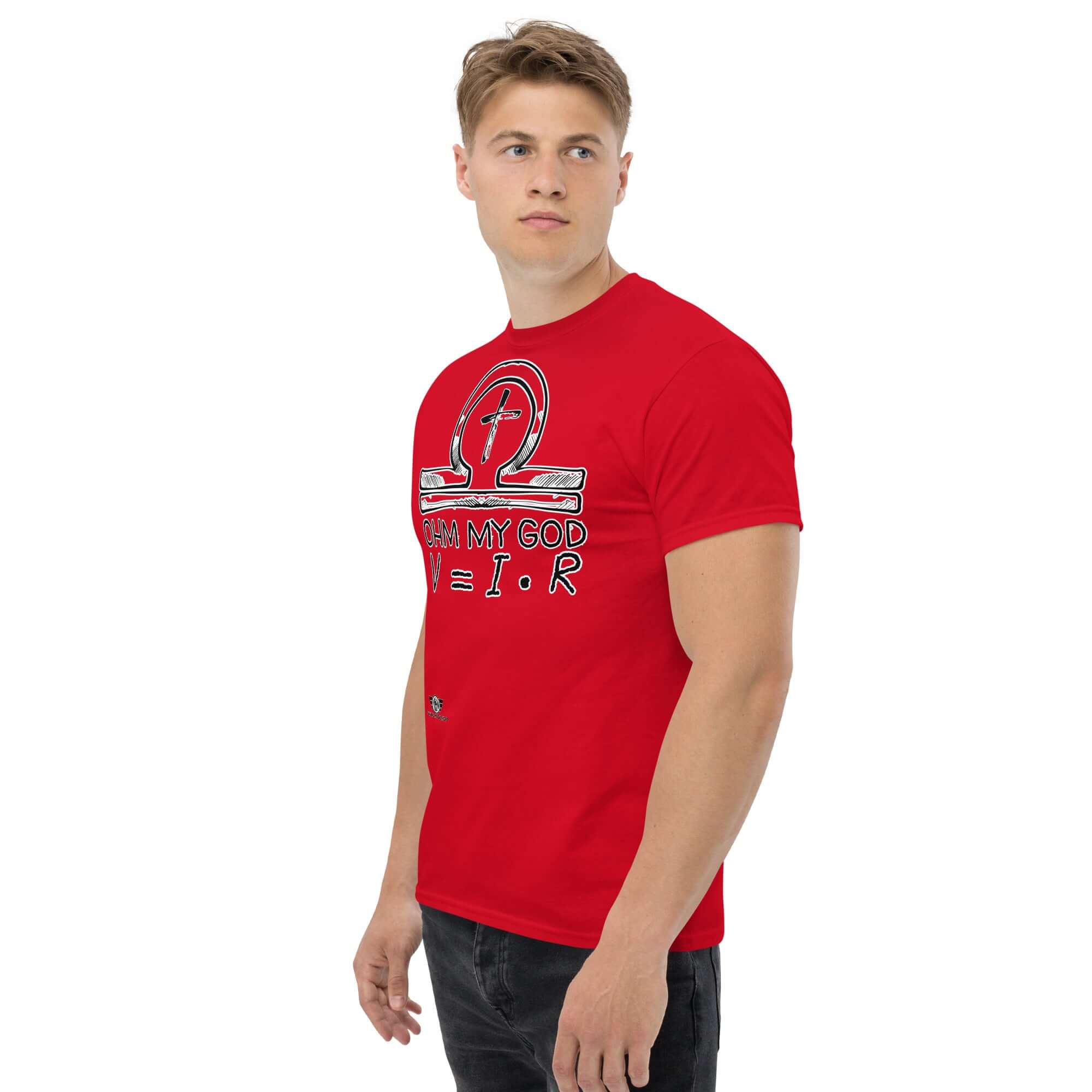 Person wearing "Ohm My God" red t-shirt featuring Ohm's Law and an ankh-omega symbol, blending physics with religious humor.