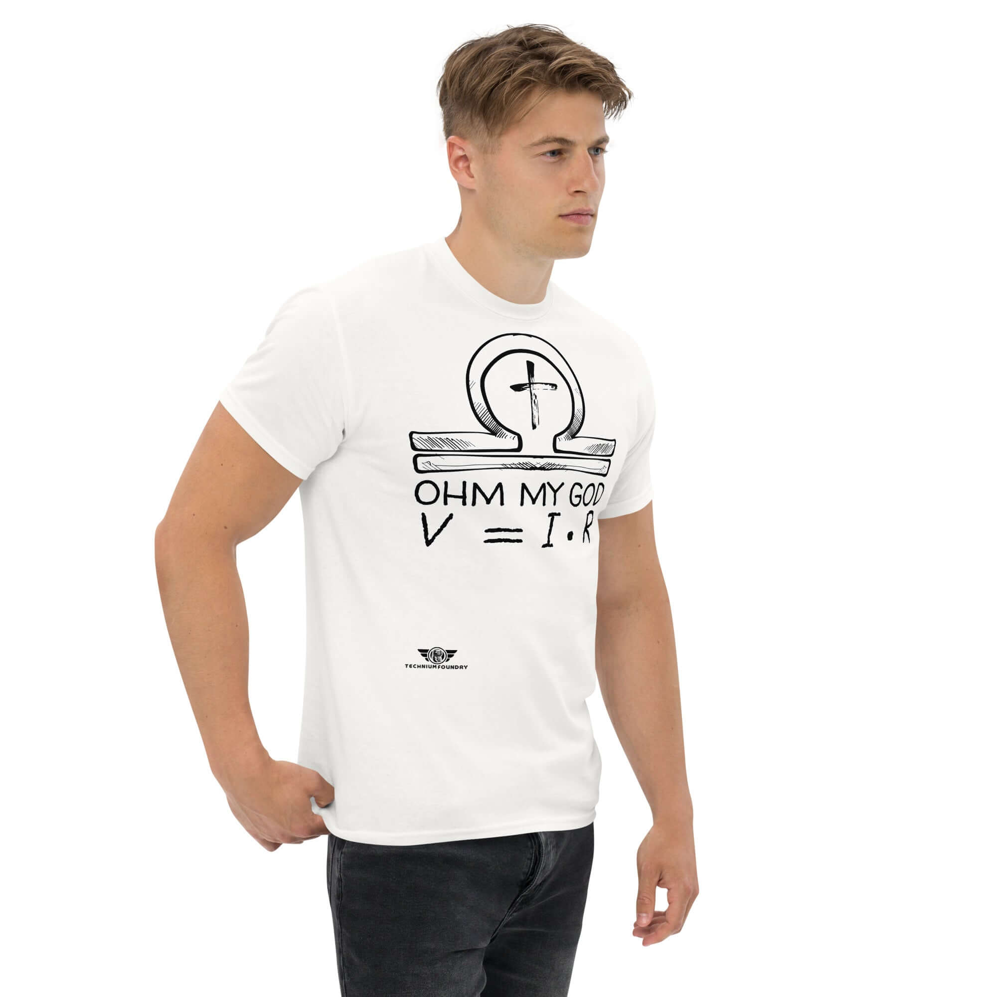 Man wearing 'Ohm My God' t-shirt featuring Ohm's Law and Christian ankh design, blending physics and faith with humor.