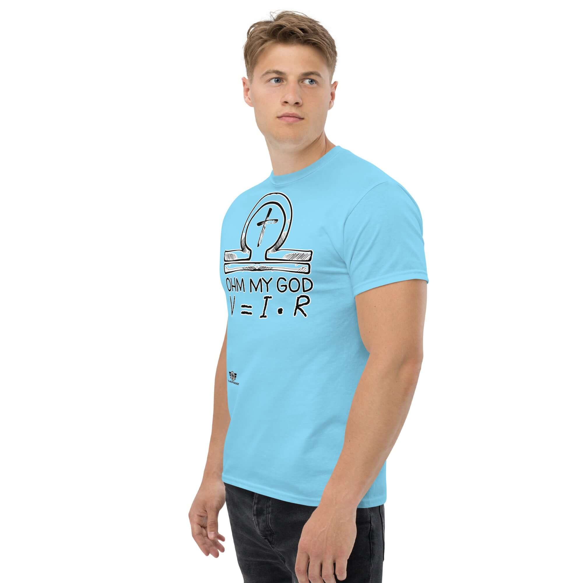 Man wearing 'Ohm My God' t-shirt featuring Ohm's Law and religious humor in a chalkboard-style illustration.