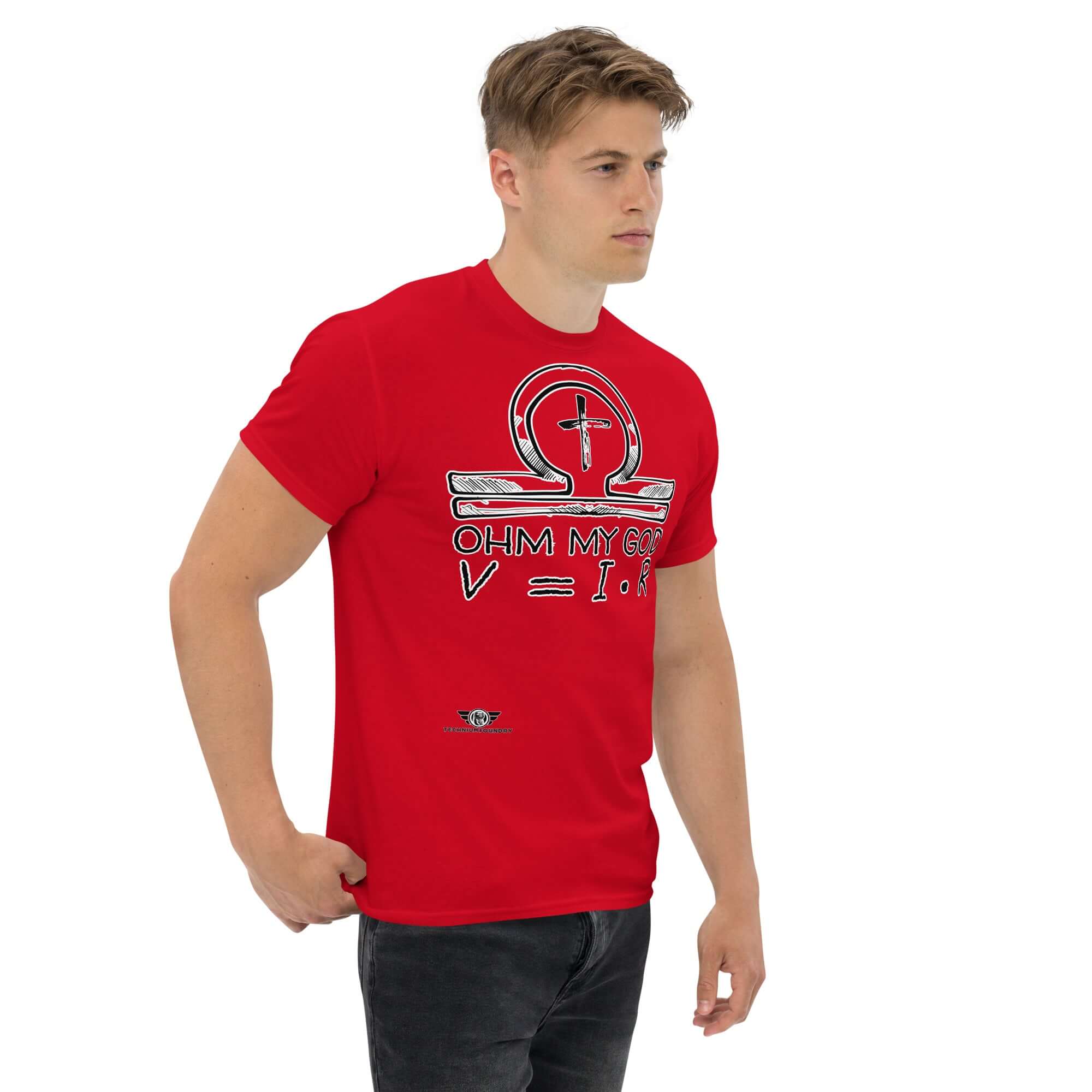 Man wearing 'Ohm My God' red t-shirt with Ohm's Law and religious humor design, featuring an omega ankh symbol.