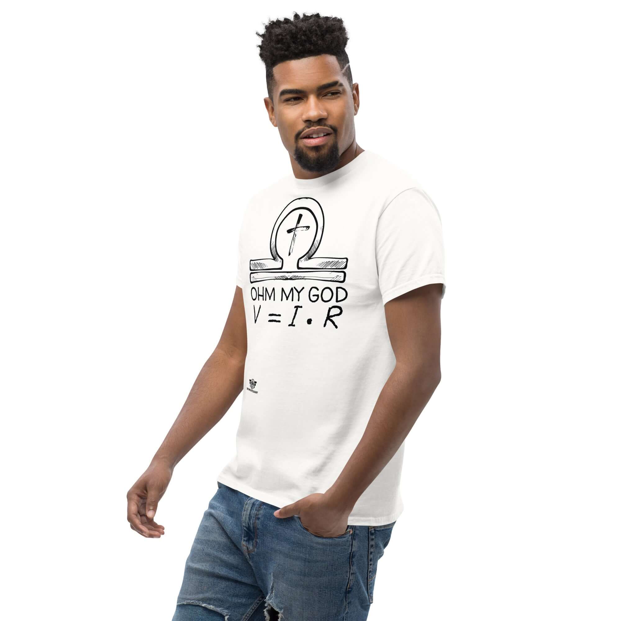 Man wearing 'Ohm My God' t-shirt featuring Ohm's Law and religious symbols, blending science with faith for a humorous effect.