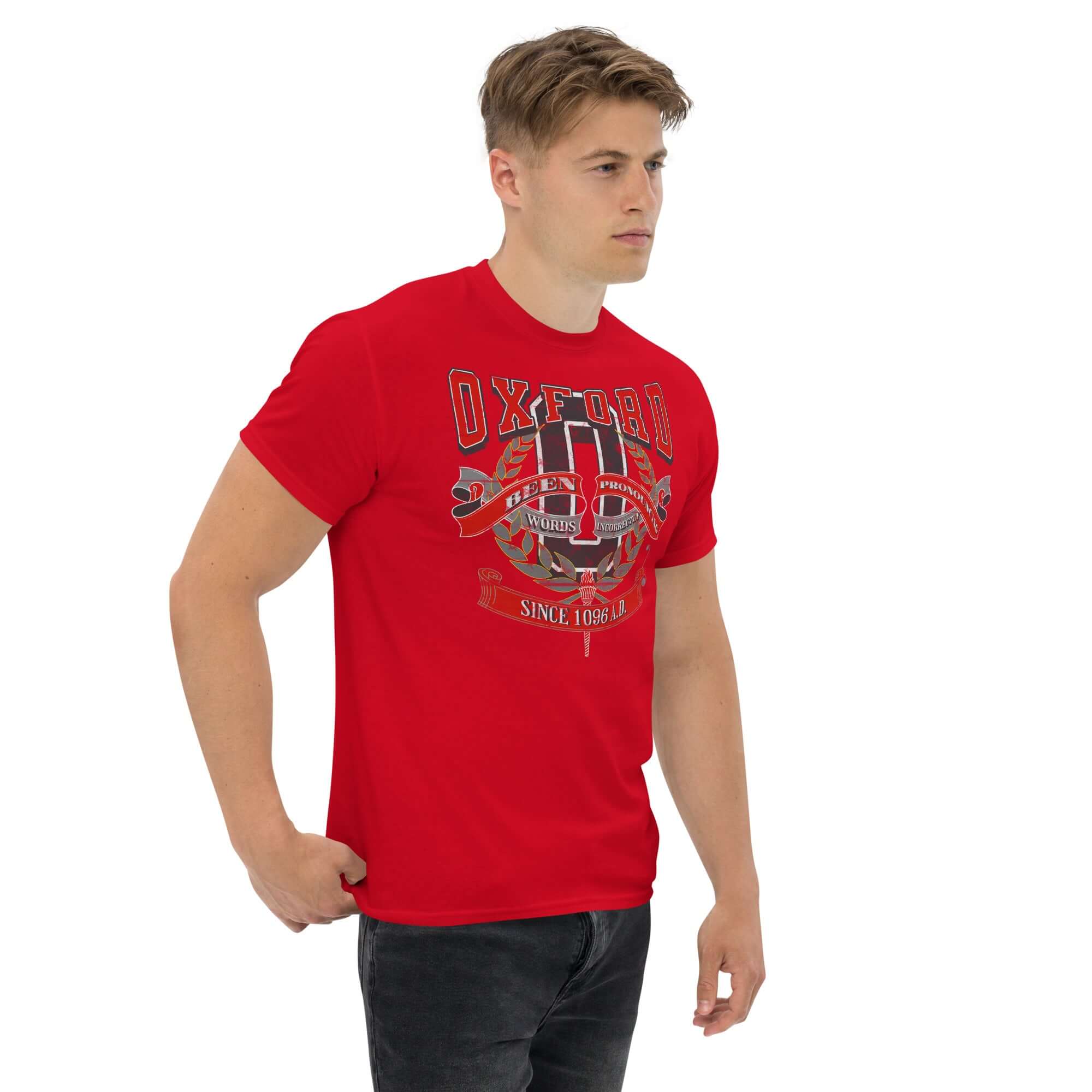 Man wearing red Oxford Pronunciation Parody T-Shirt with academic satire humor design