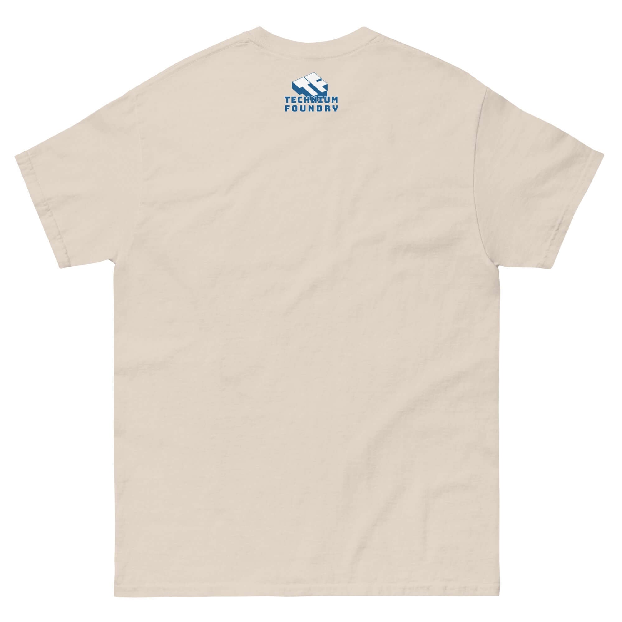 Back view of cream Oxford Pronunciation Parody T-Shirt with humorous academic theme logo.