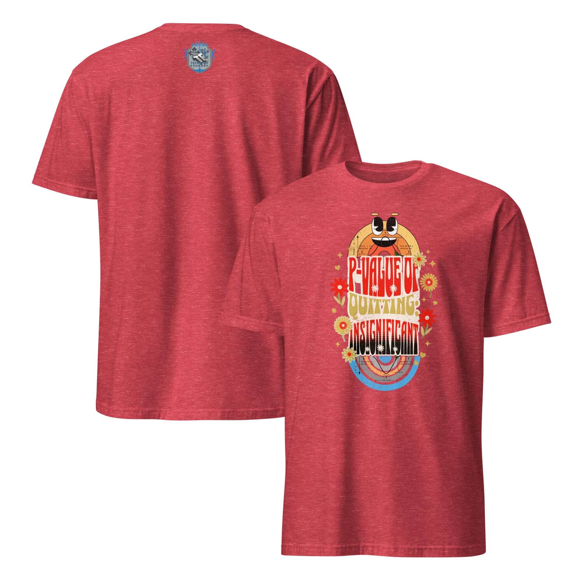 Red t-shirt with 'P-Value Quitting: Insignificant' in retro style, statistics humor design with bold colors.