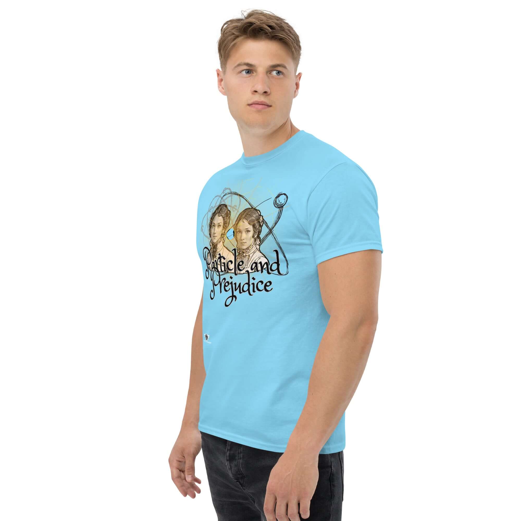 Man wearing a 'Particle and Prejudice' t-shirt featuring a fusion of Jane Austen's characters and quantum physics design.