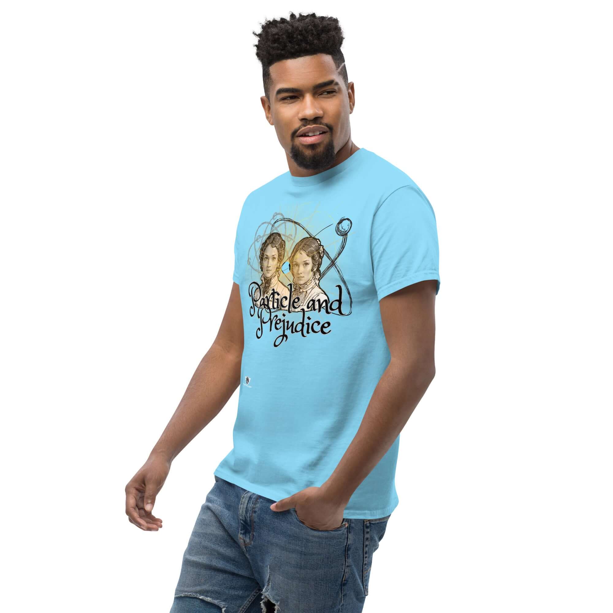Man wearing blue Particle and Prejudice T-shirt blending Regency romance and quantum physics in innovative design.
