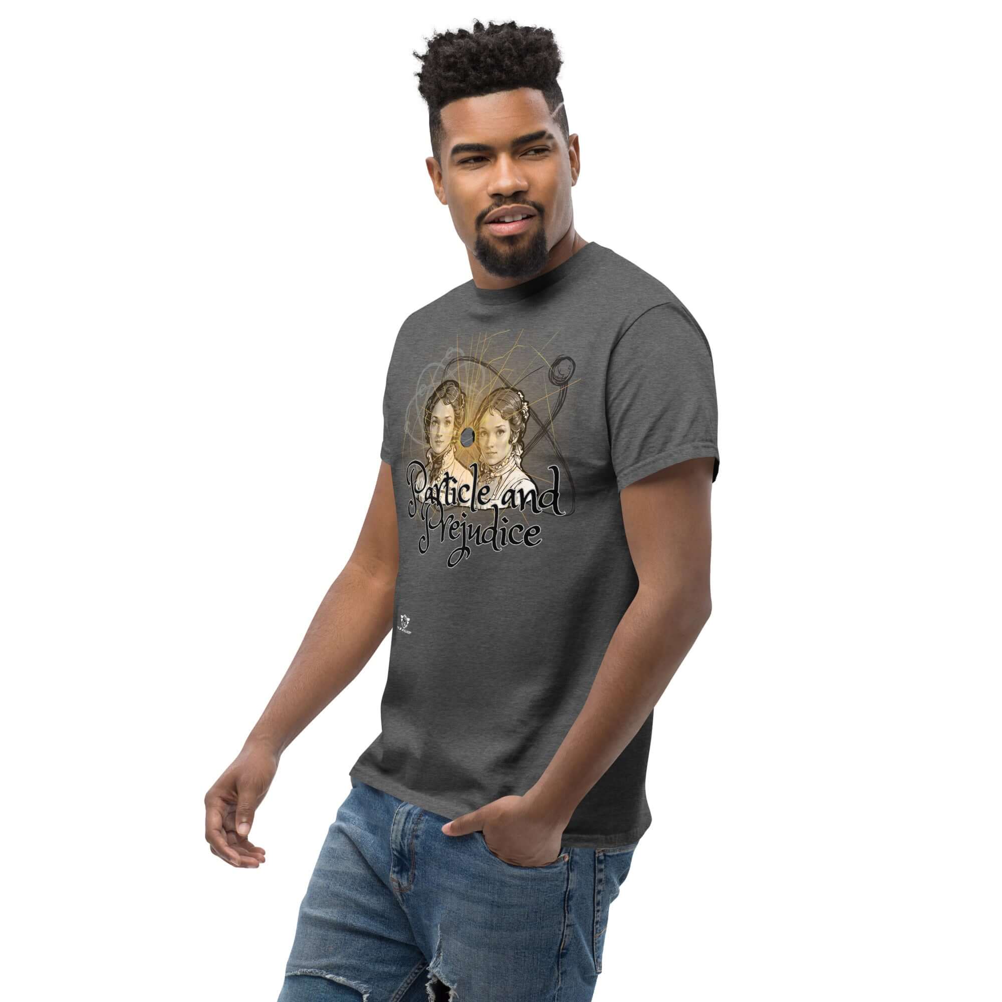Particle and Prejudice T-Shirt merging classic romance and quantum science, featuring Regency figures on a dark fabric.