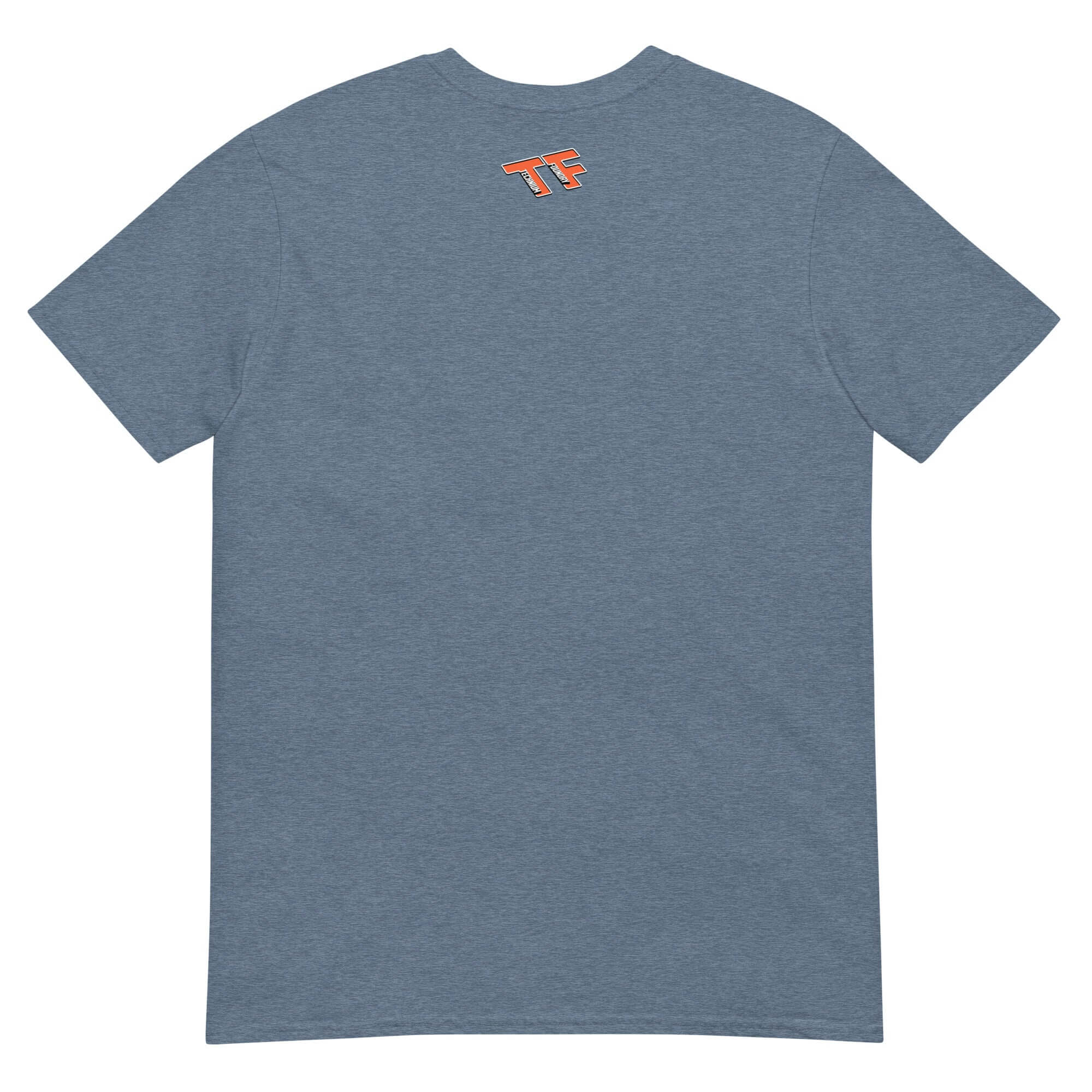 Back view of the blue periodic table humor T-shirt featuring small "TF" logo near the collar.