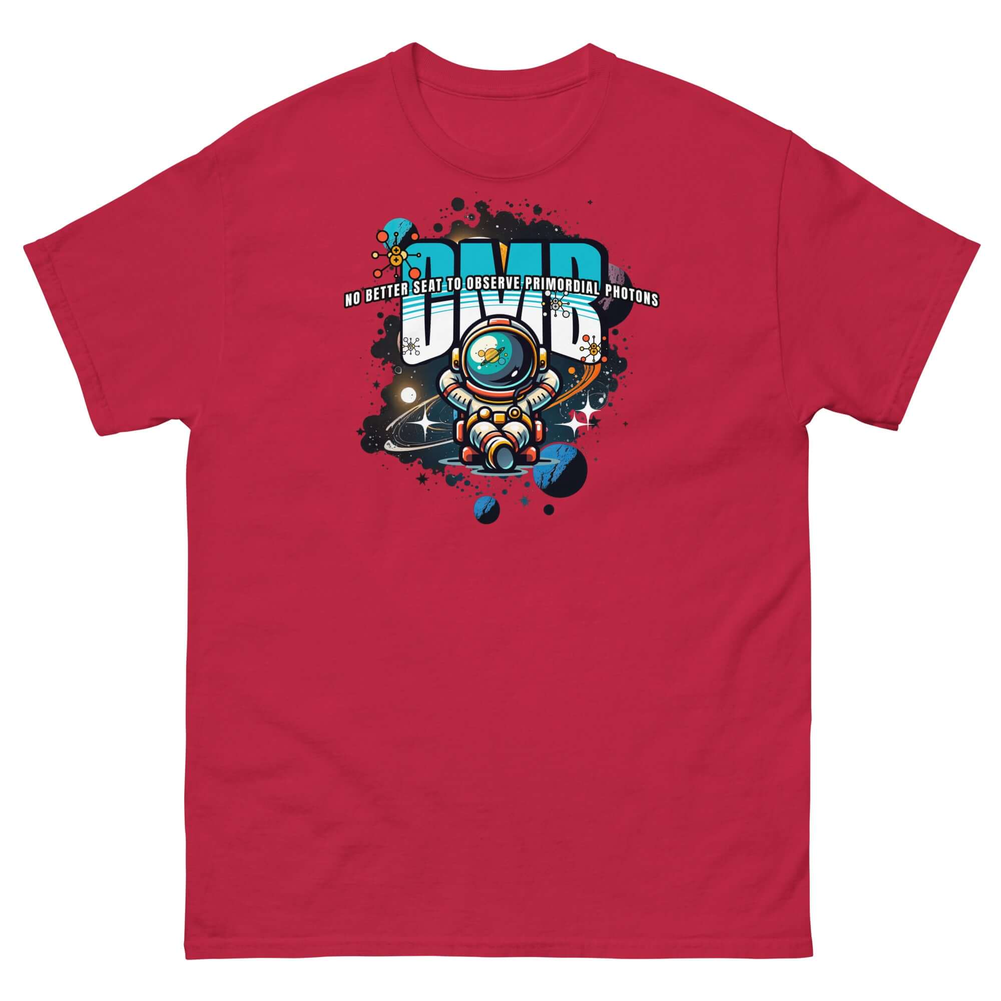 Red t-shirt featuring whimsical astronaut in space with planets, graffiti text 'No Better Seat to Observe Primordial Photons'.