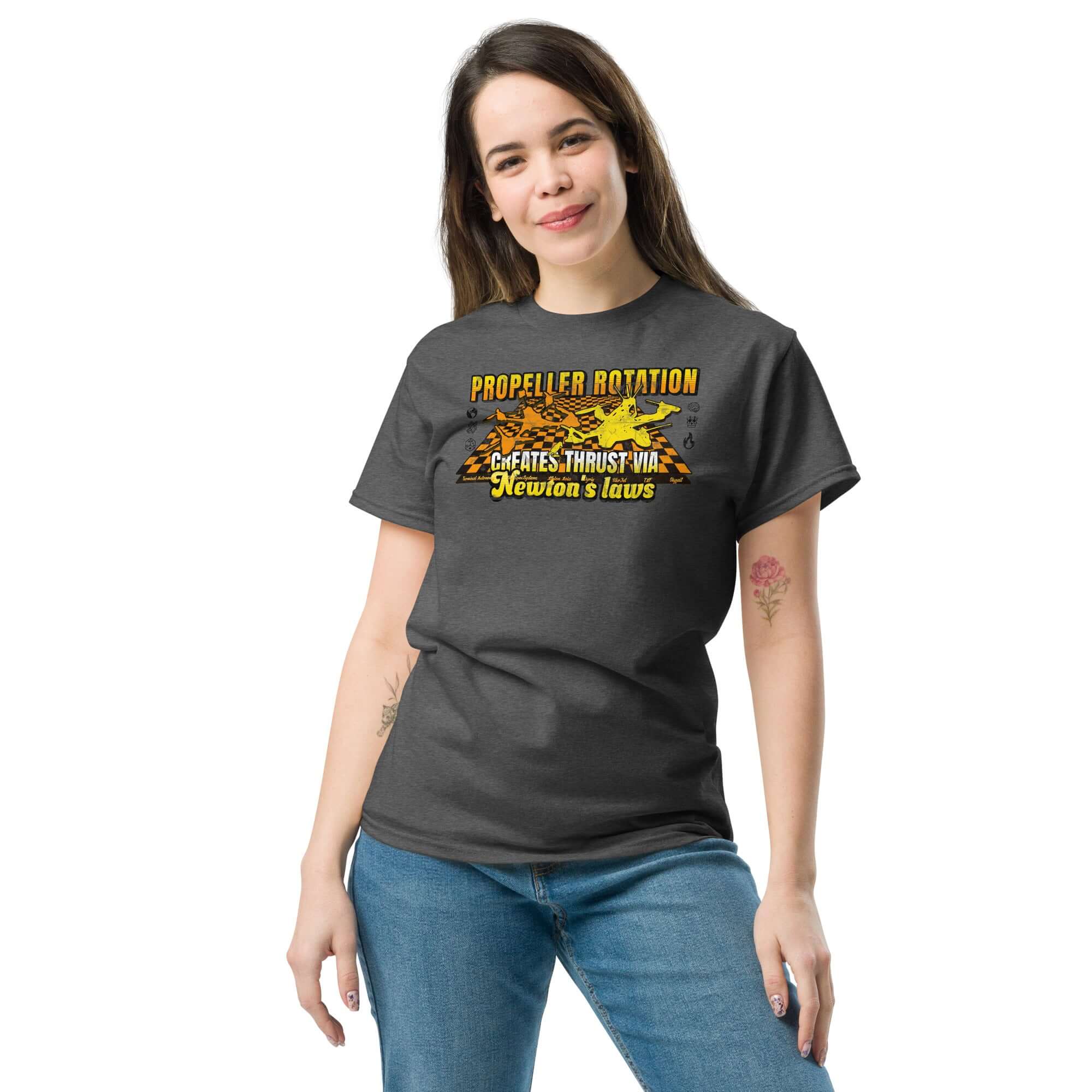 Woman wearing Propeller Rotation Physics T-Shirt with drone science design, emphasizing Newton's laws and aerodynamics.