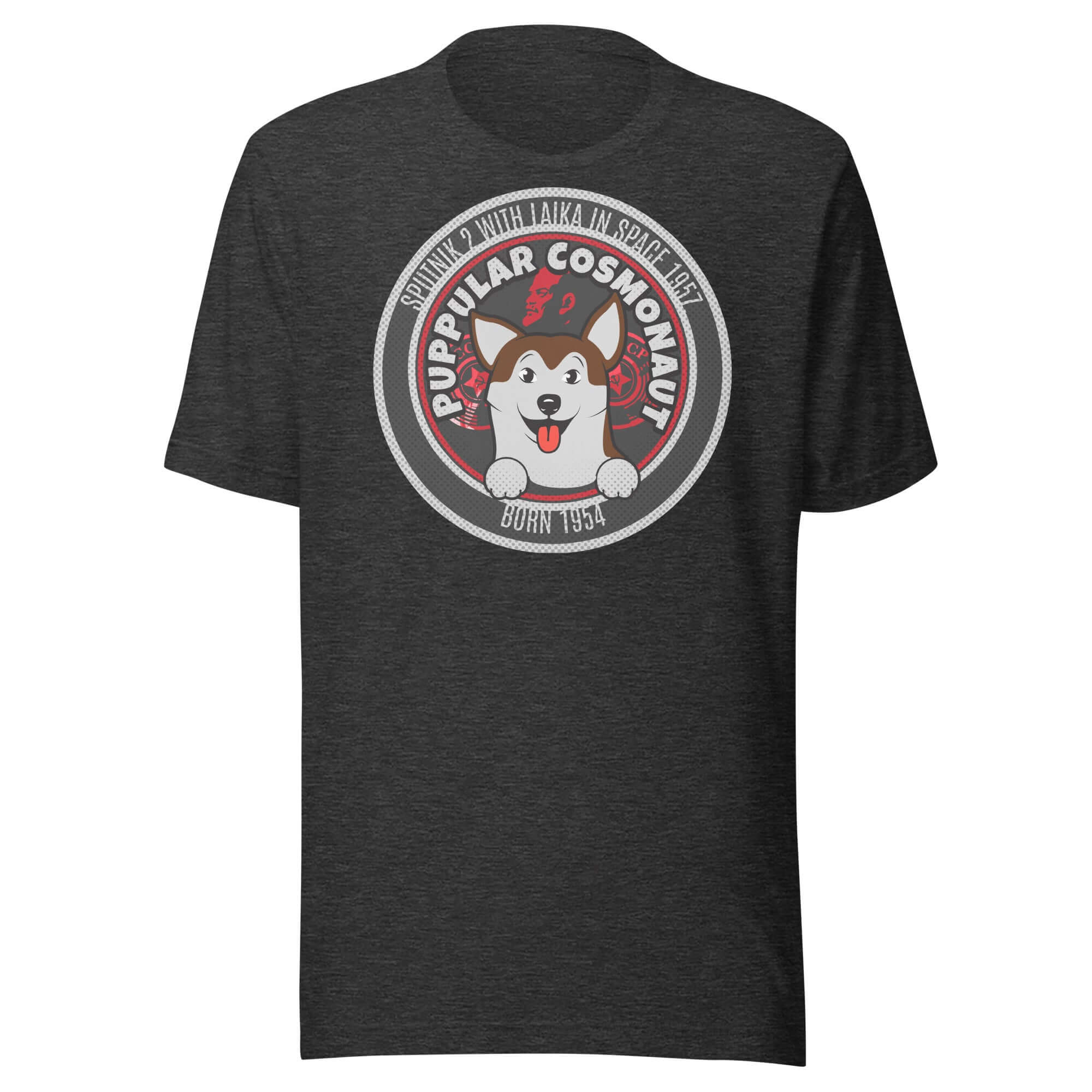 Retro T-shirt featuring Laika, the famous space dog, with a vintage emblem design and 'Puppular Cosmonaut' text.