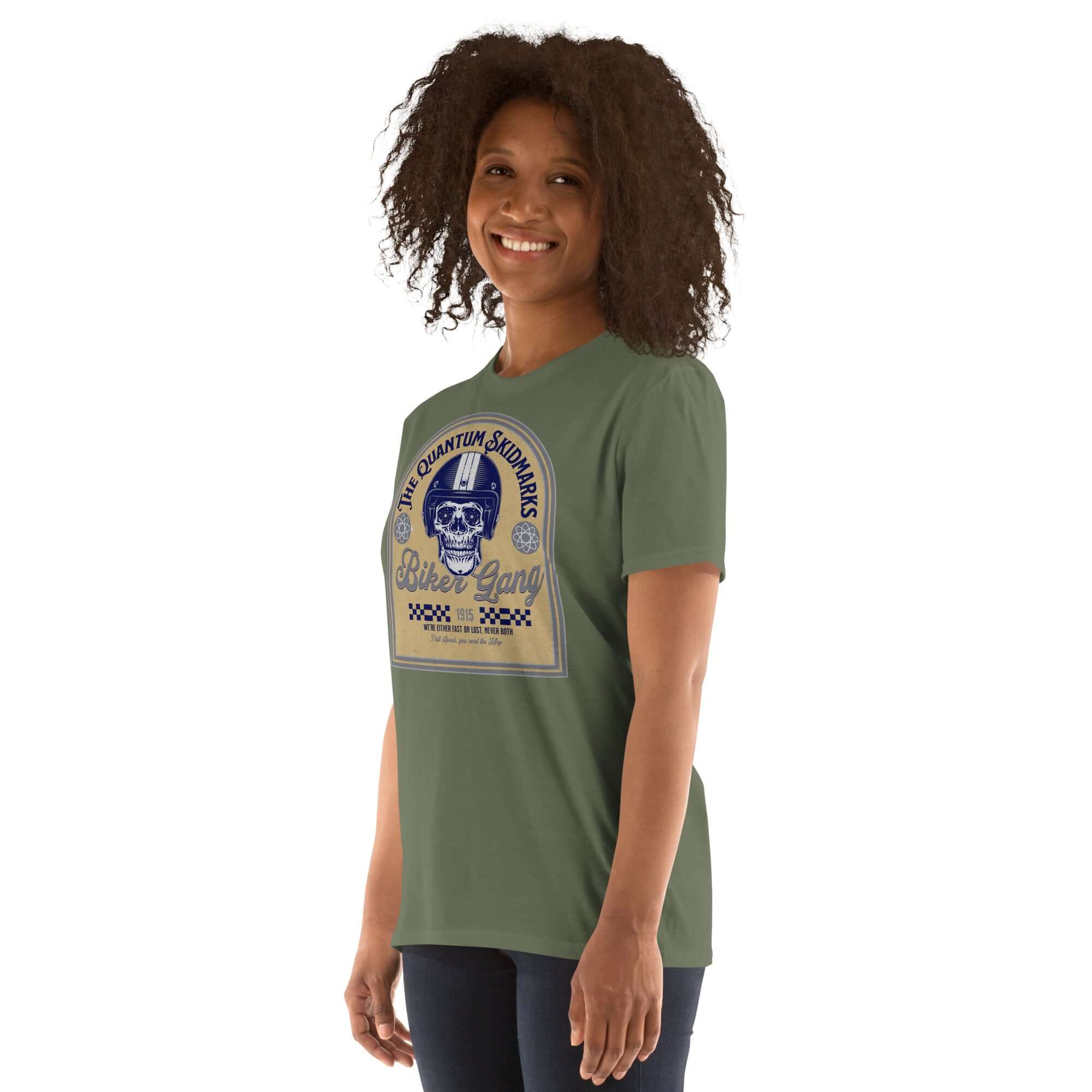 Woman wearing Quantum Skidmarks Motorcycle Club T-Shirt featuring a skull with quantum physics theme, perfect for physics enthusiasts and bikers.
