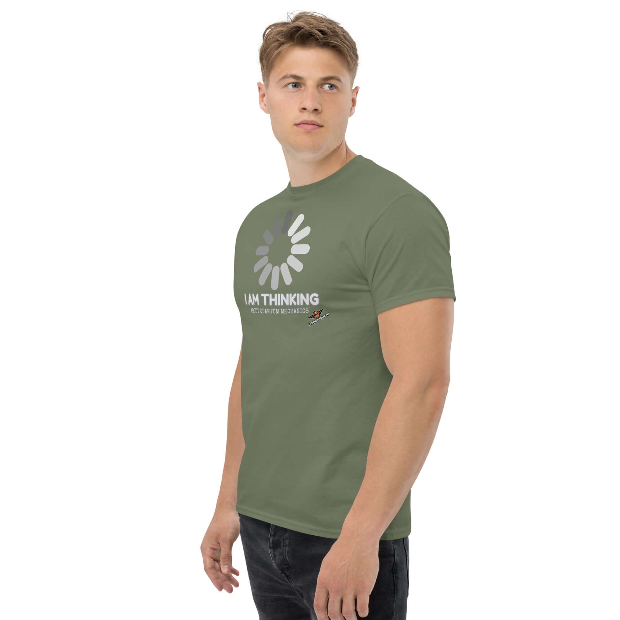 "I Am Thinking About Quantum Mechanics" loading screen t-shirt in olive green, featuring a minimalist Schrödinger's Buffer design.
