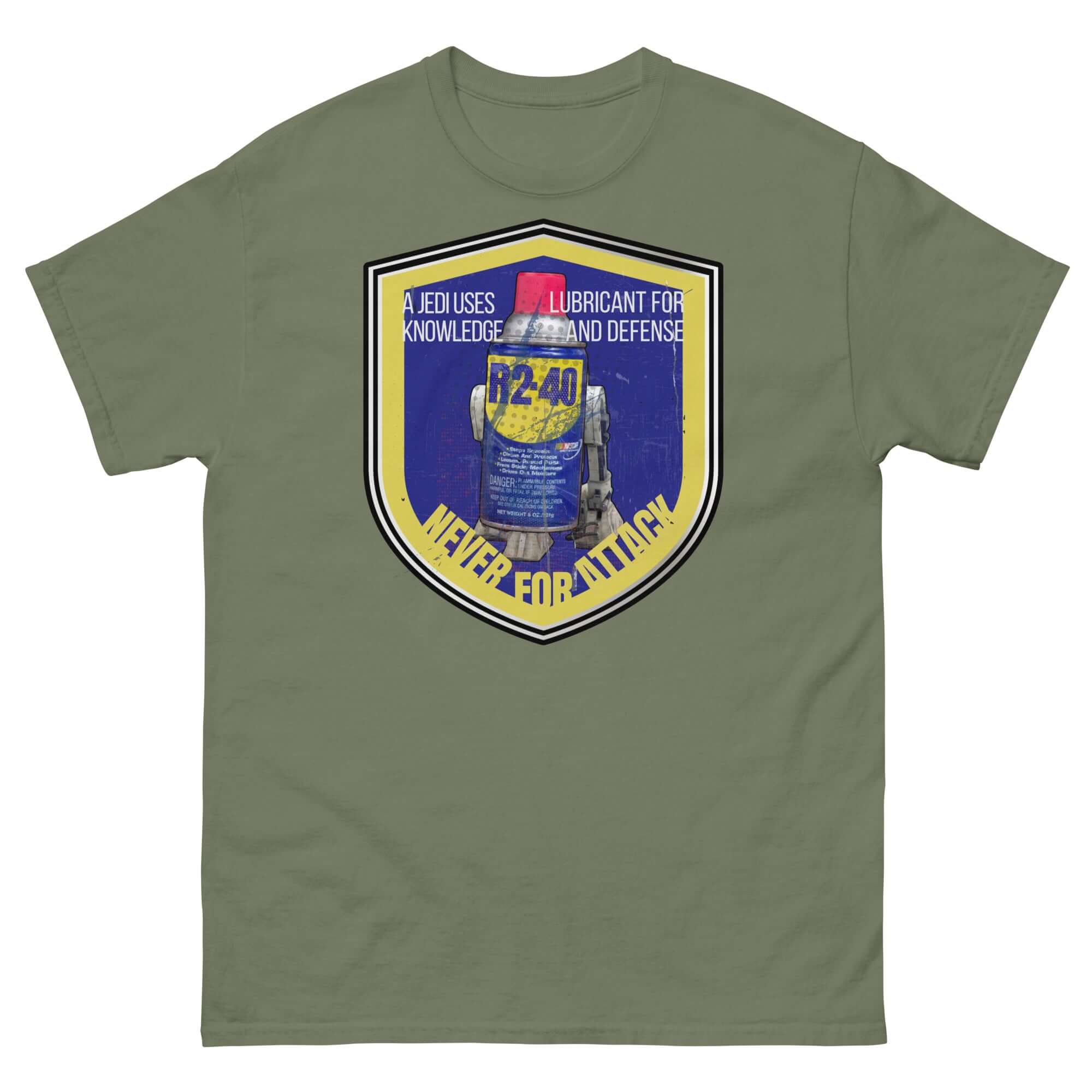 Green t-shirt featuring R2-D2 WD-40 parody design with text "A Jedi Uses Lubricant For Knowledge and Defense" for Star Wars fans.