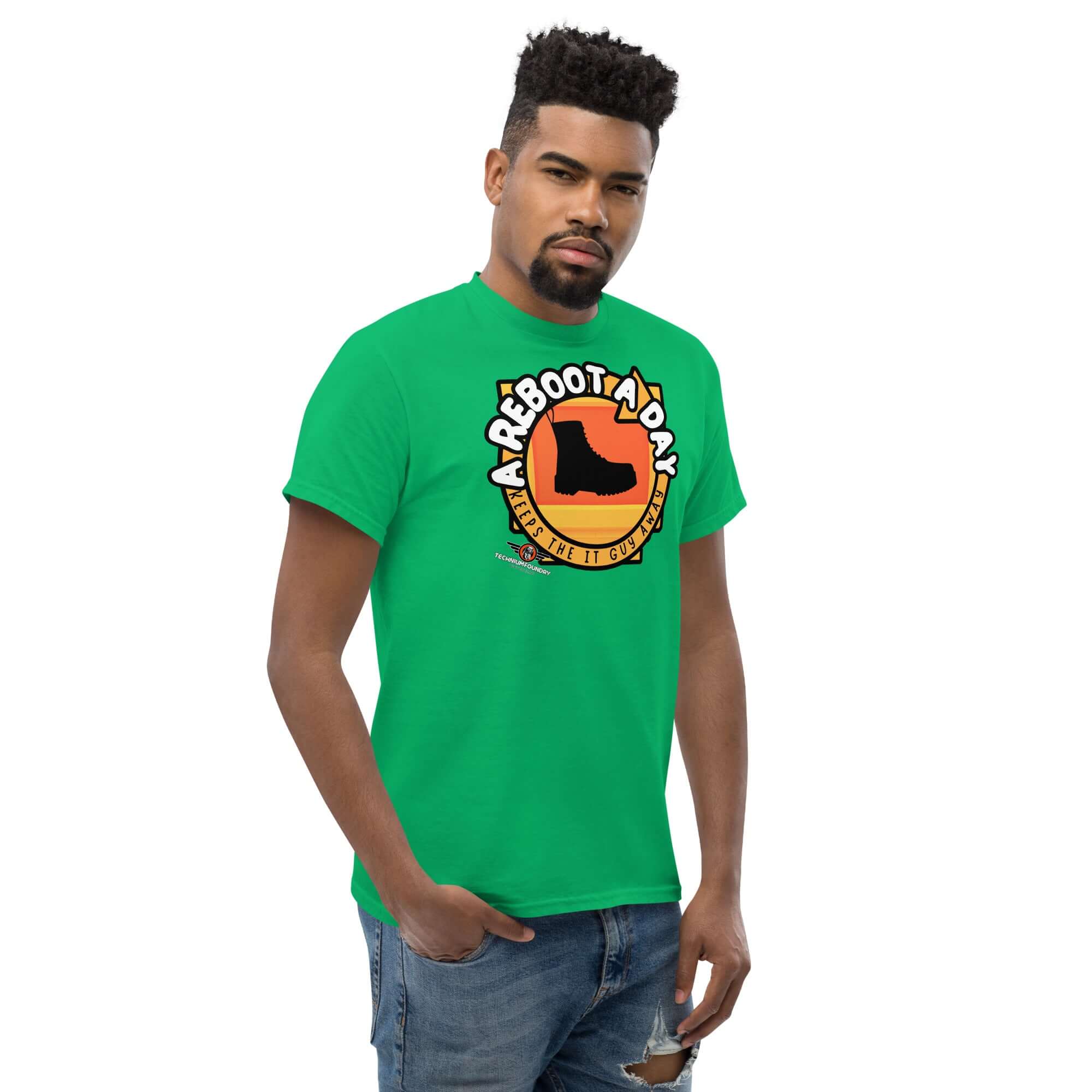Model wearing 'A Reboot A Day' IT support humor t-shirt with boot graphic on green fabric