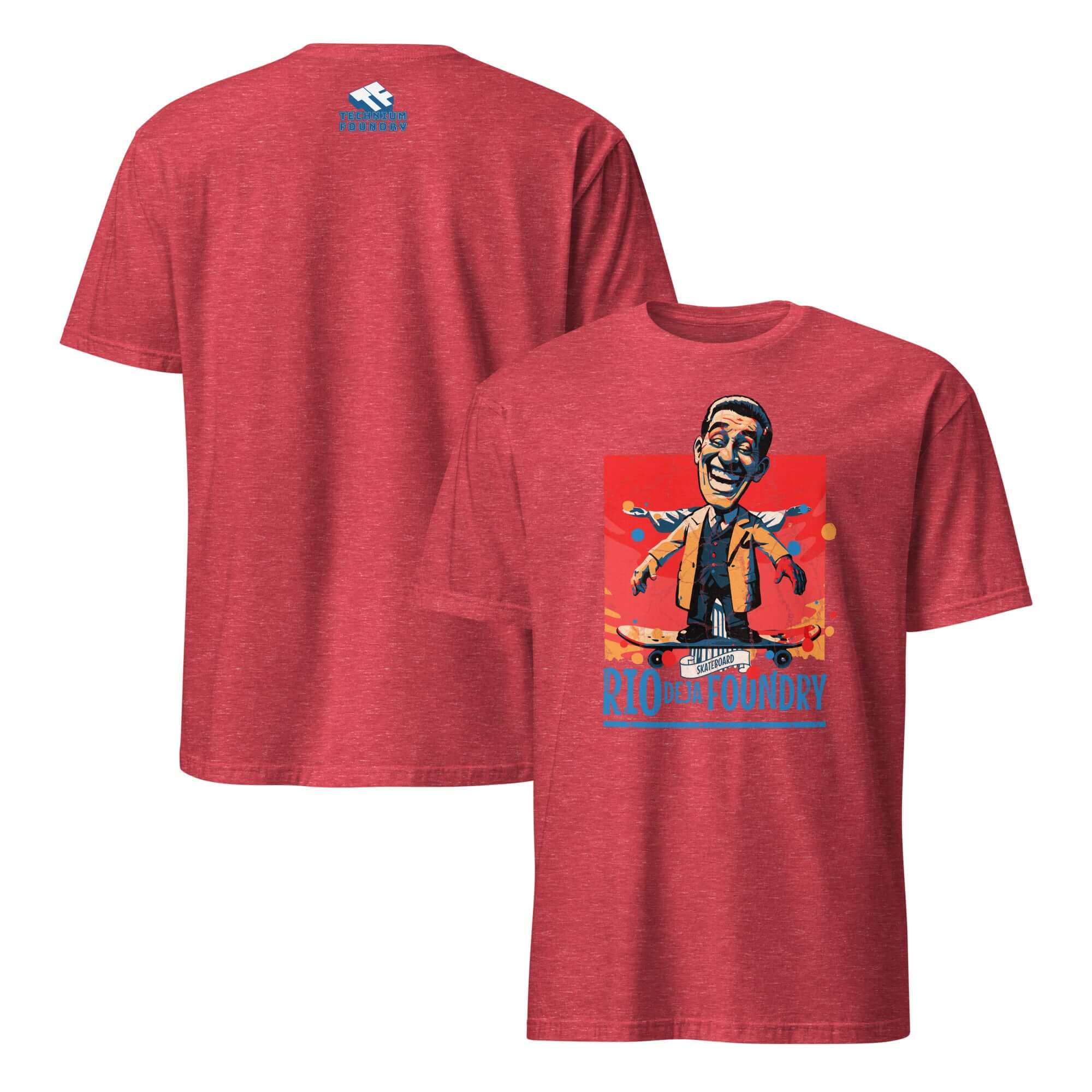 Rio De La Foundry vintage skateboarding t-shirt, featuring a grinning character in a mustard jacket, perfect for skate nostalgia fans.