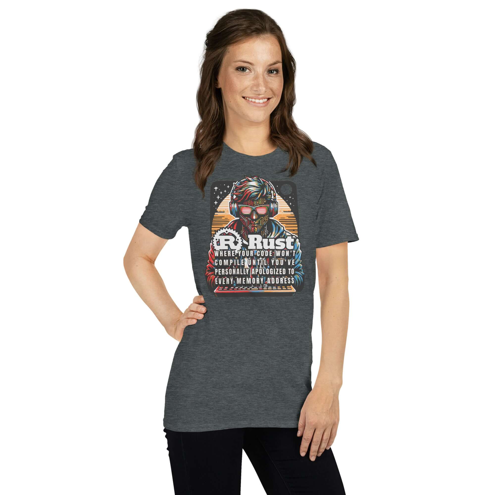 Rust Programming T-Shirt with synthwave cyberpunk design, featuring a digital deity coder with shutter shades and memory safety theme.