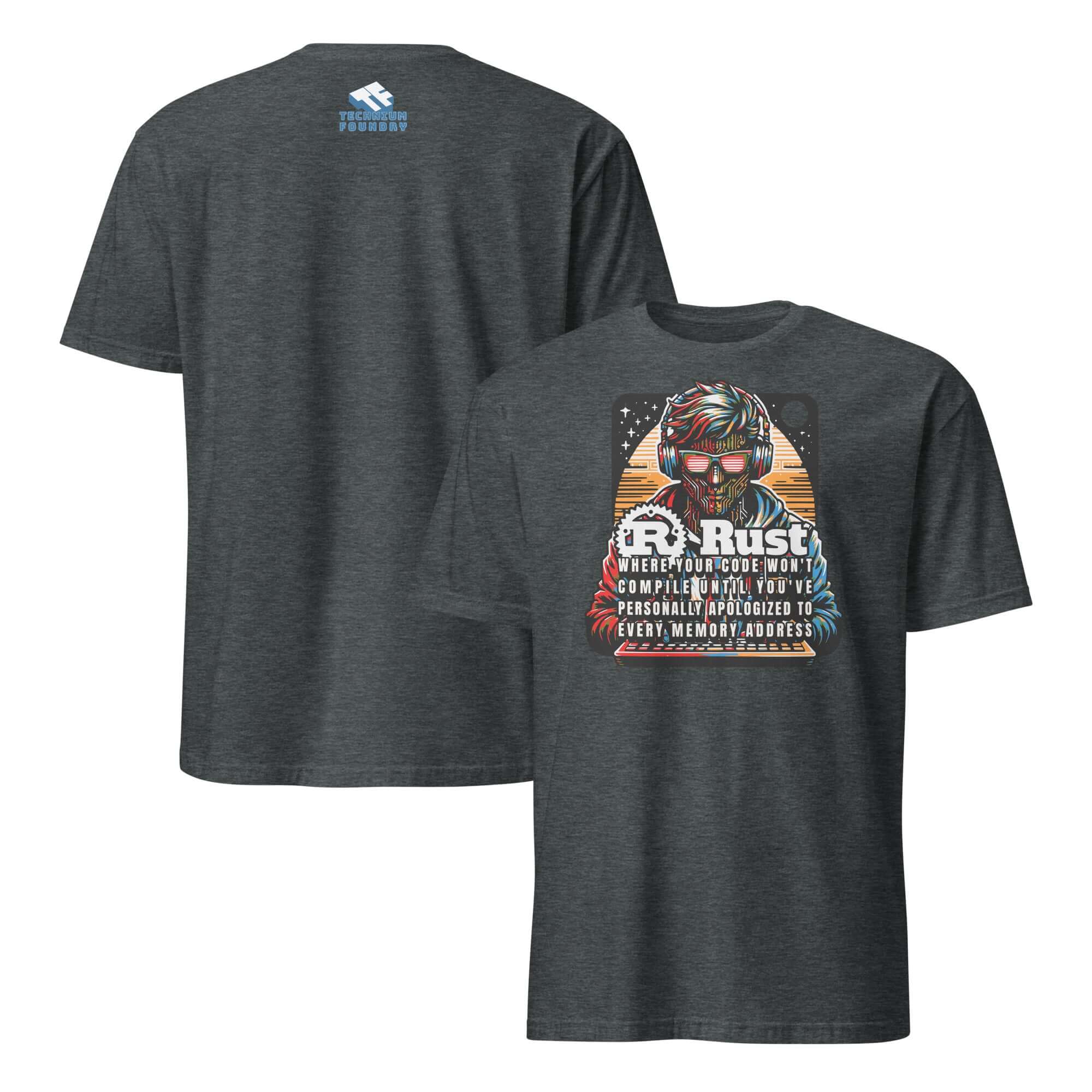 Rust Programming T-Shirt with cyberpunk design, neon deity on front, coder humor, memory safety theme, ideal for tech enthusiasts.
