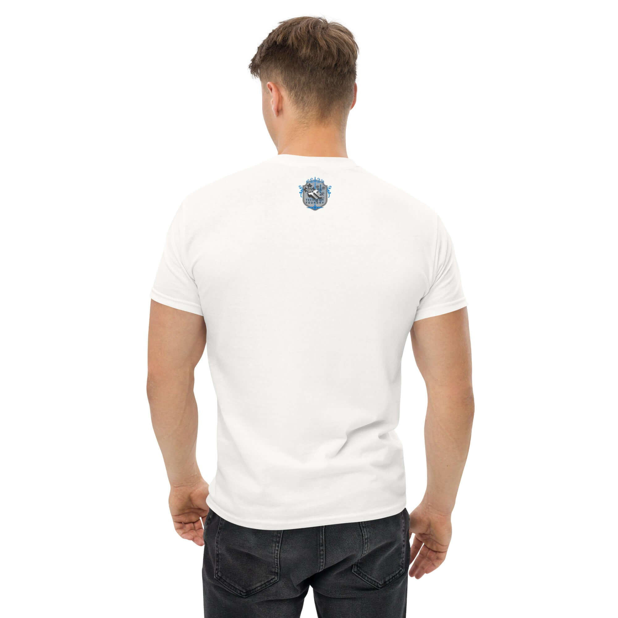 Back view of Schrödinger's Cats Motorcycle Club T-Shirt featuring a feline emblem on a white tee.