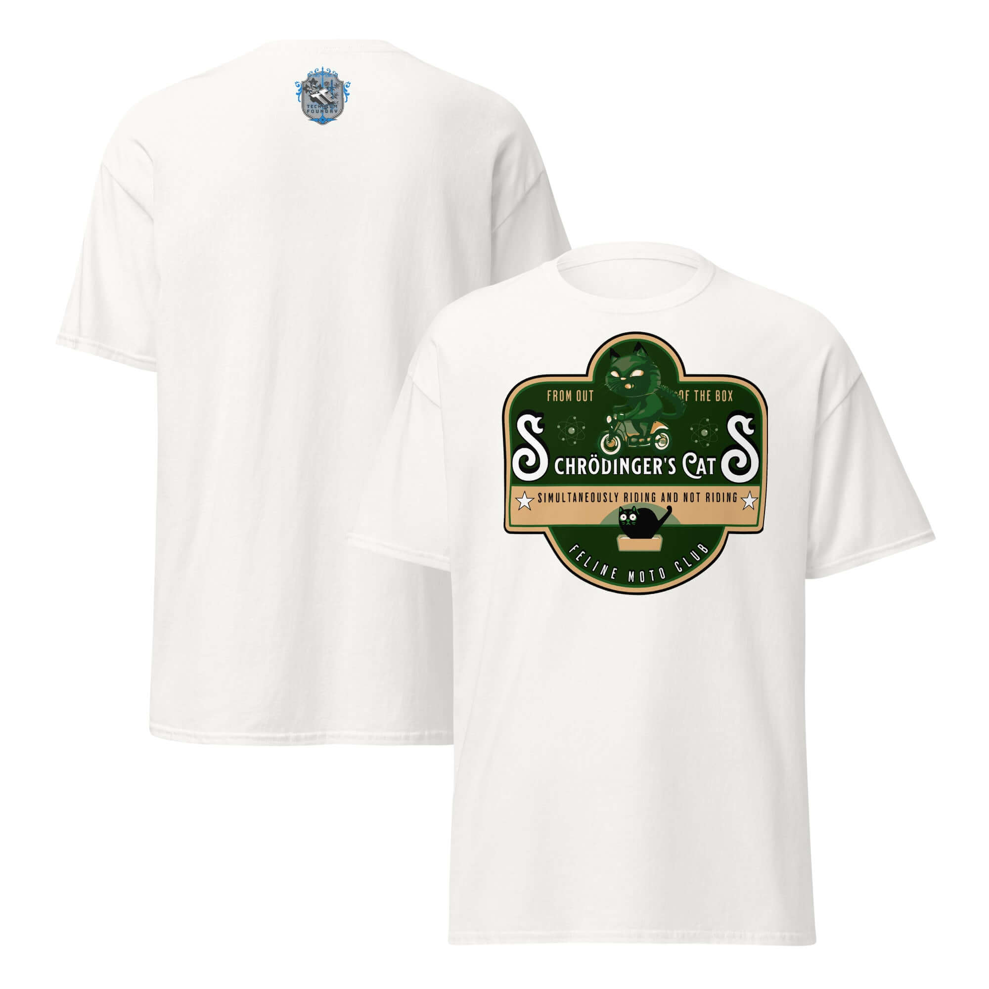 Schrödinger's Cats Motorcycle Club T-Shirt featuring a green cat on a bike, symbolizing quantum physics and rebellion.