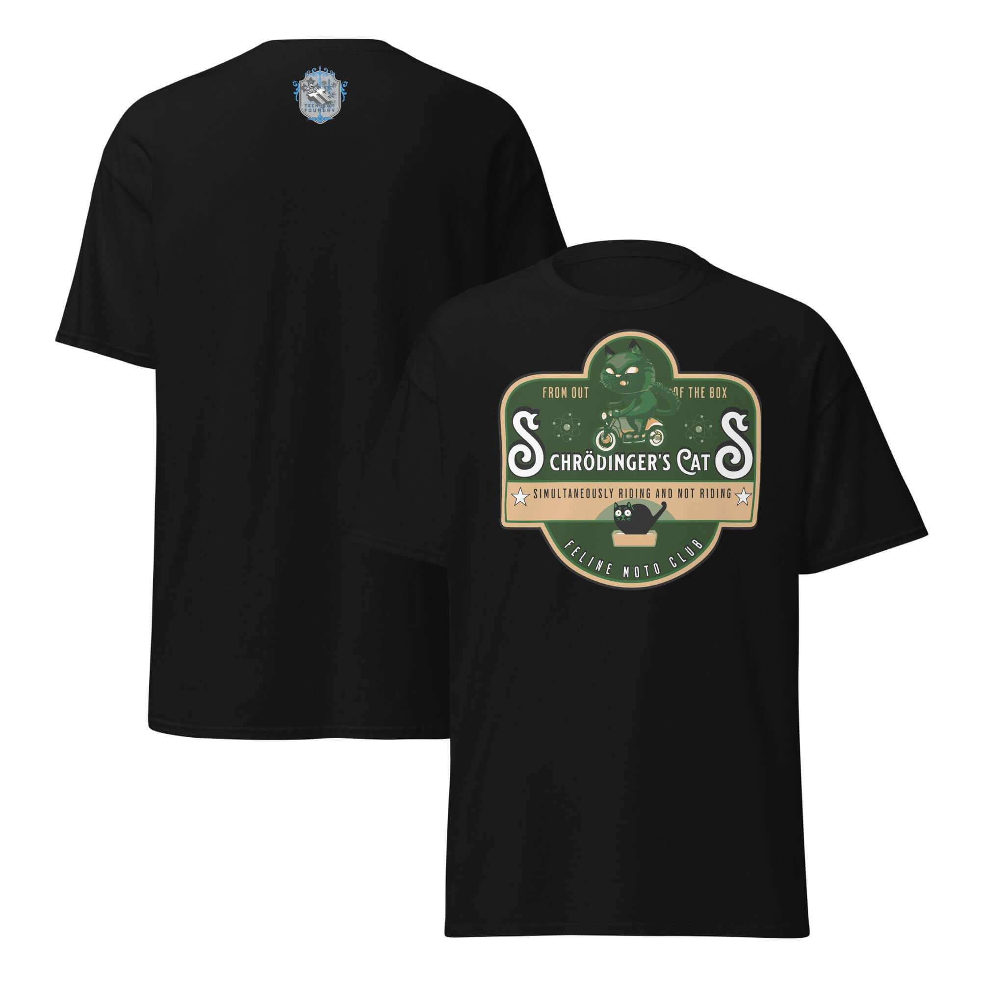 Schrödinger's Cats Motorcycle Club T-Shirt featuring a green cat on a bike, quantum physics theme, black tee back view.