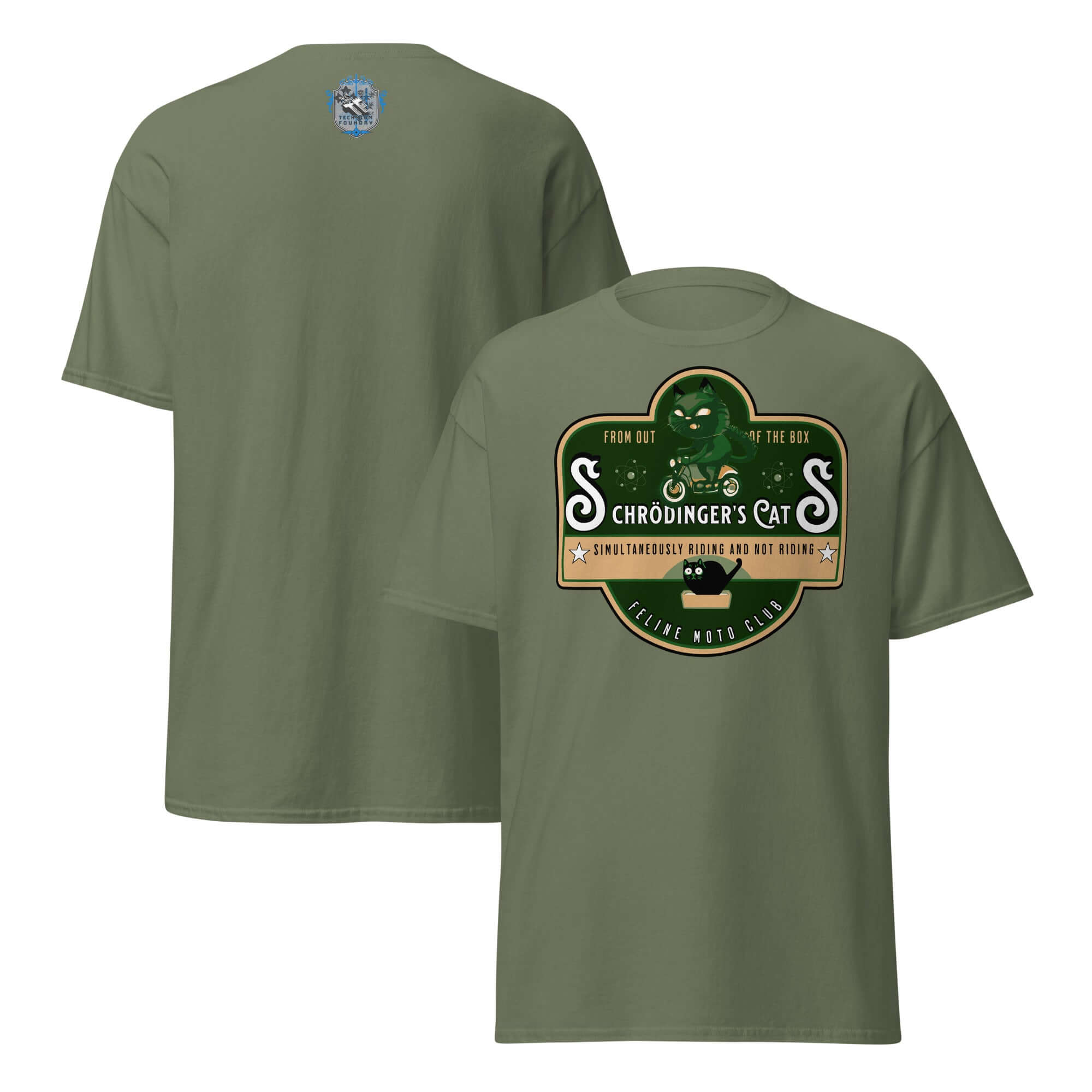 Schrödinger's Cats Motorcycle Club T-Shirt featuring quantum physics design with green cat on motorcycle, biker tee.