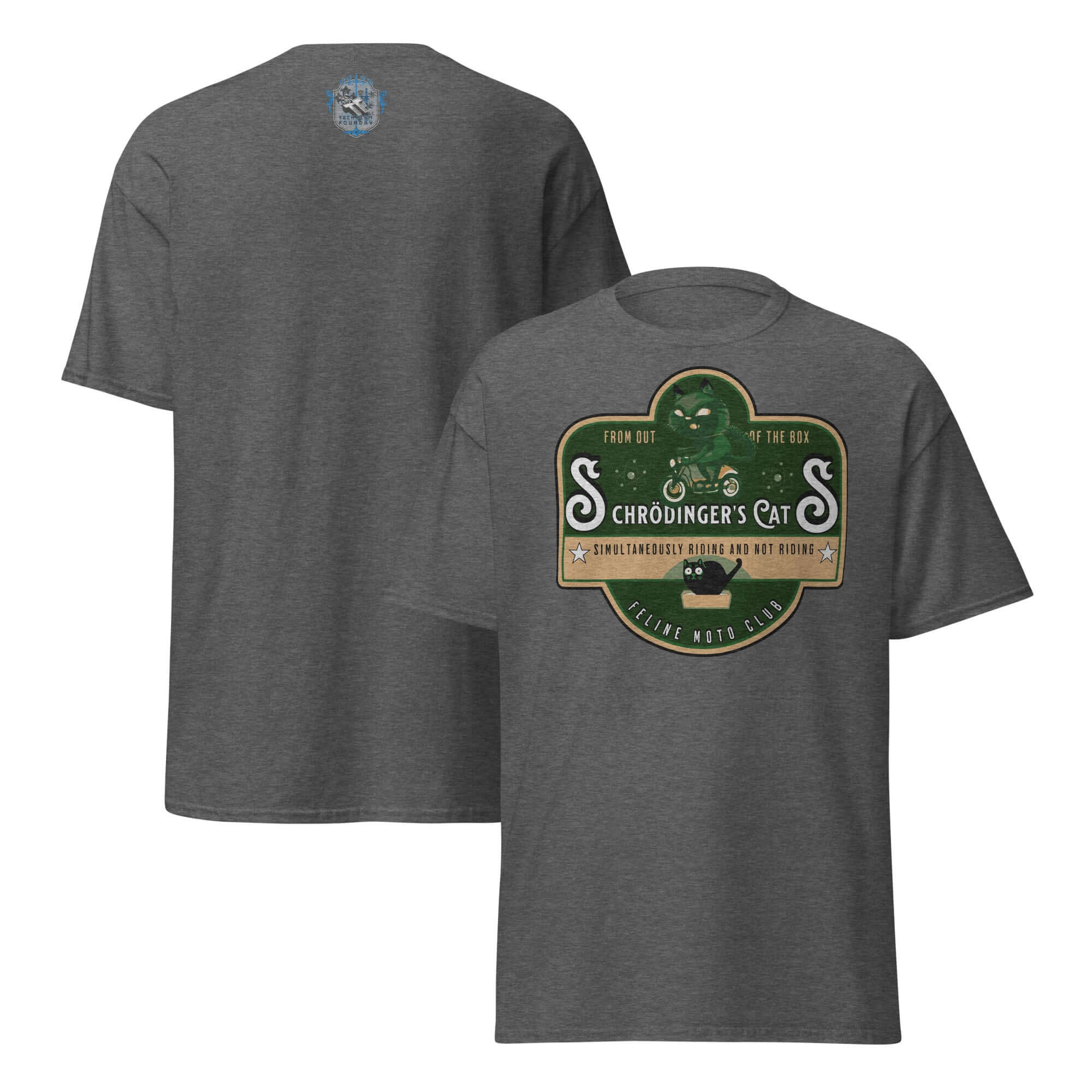 Schrödinger's Cats Motorcycle Club T-Shirt featuring green cat on a motorcycle, quantum physics themed biker tee.