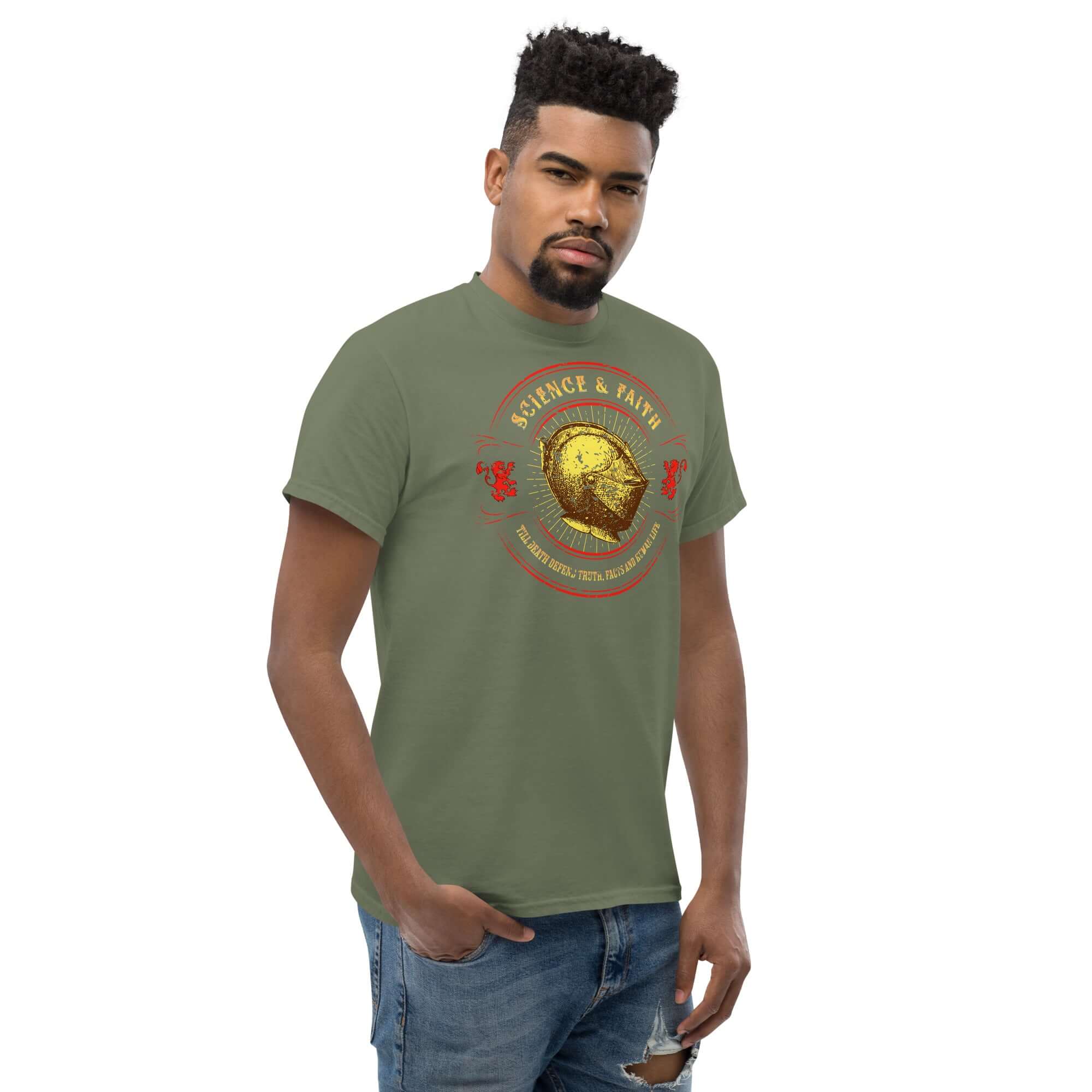 Man wearing a Science & Faith Medieval Knight T-Shirt, featuring a knight's helmet design, blending Renaissance style with modern thought.