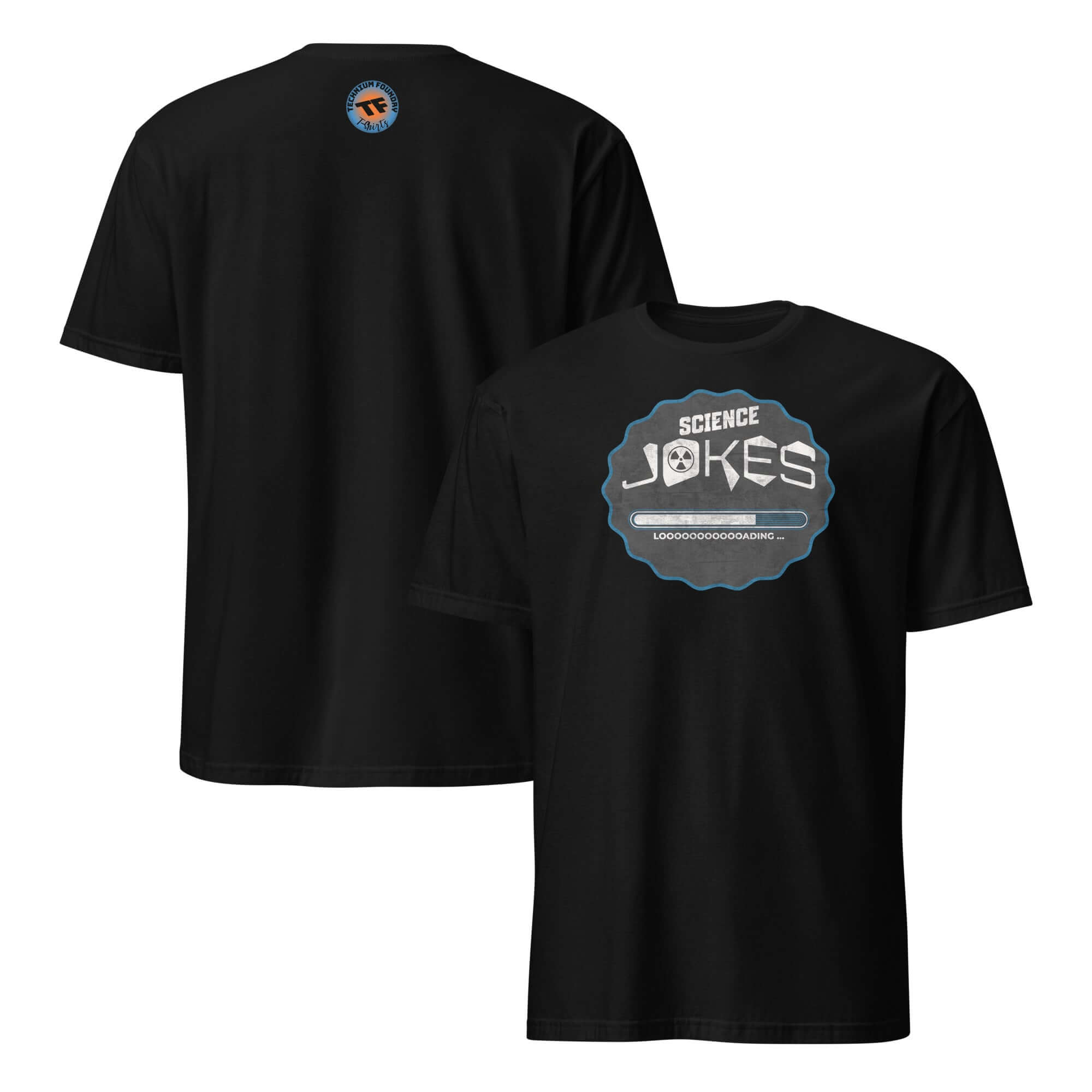 Science Jokes T-Shirt with "Loading..." design showcasing scientific humor on black comedy apparel.