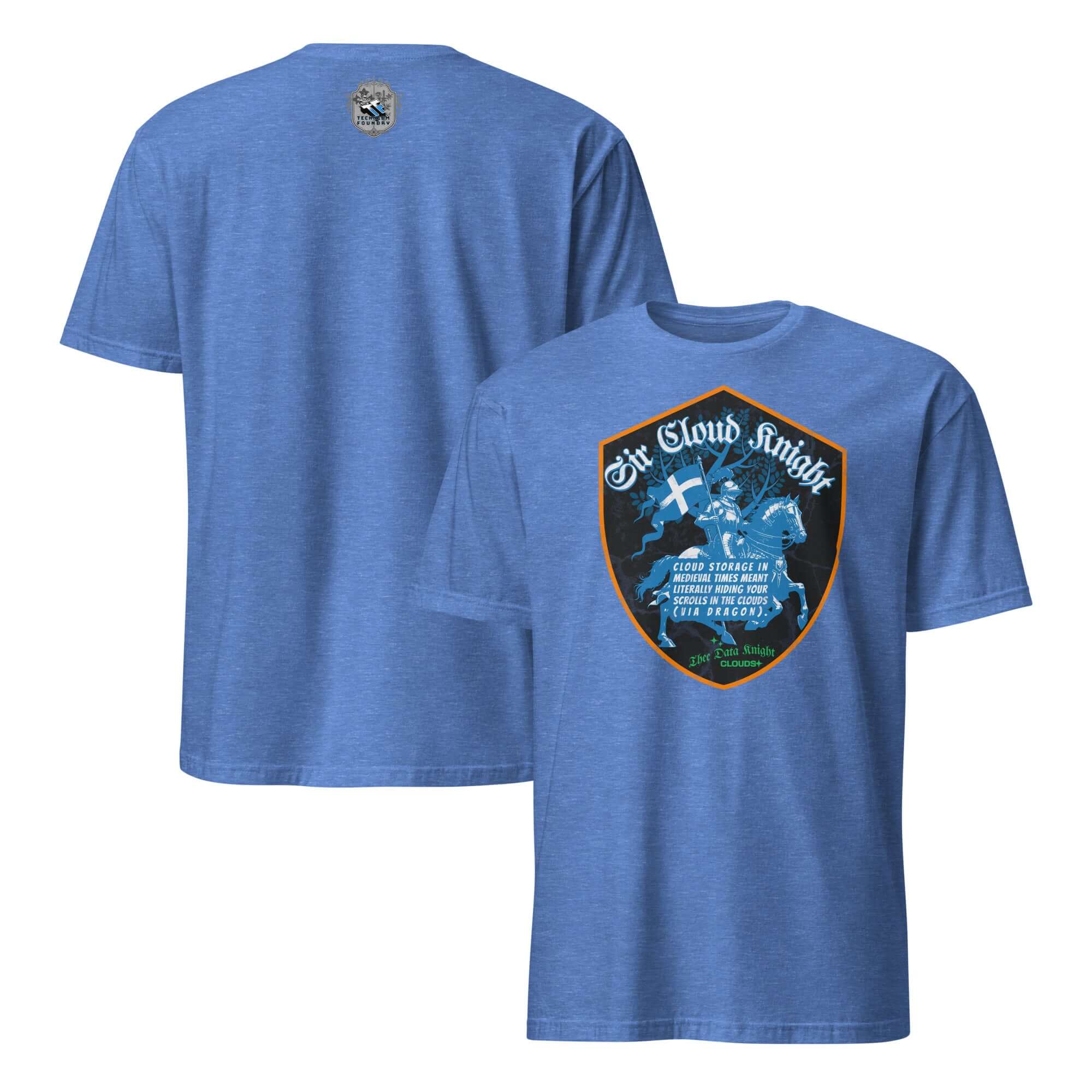 Blue "Sir Cloud Knight" T-Shirt featuring a medieval knight with tech humor, symbolizing cybersecurity and cloud storage.