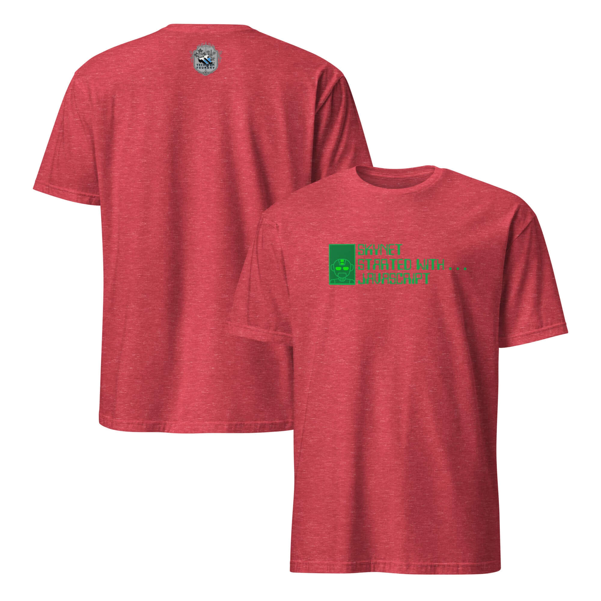 Red t-shirt with Skynet JavaScript AI programming humor print, showcasing an AI origin story design.