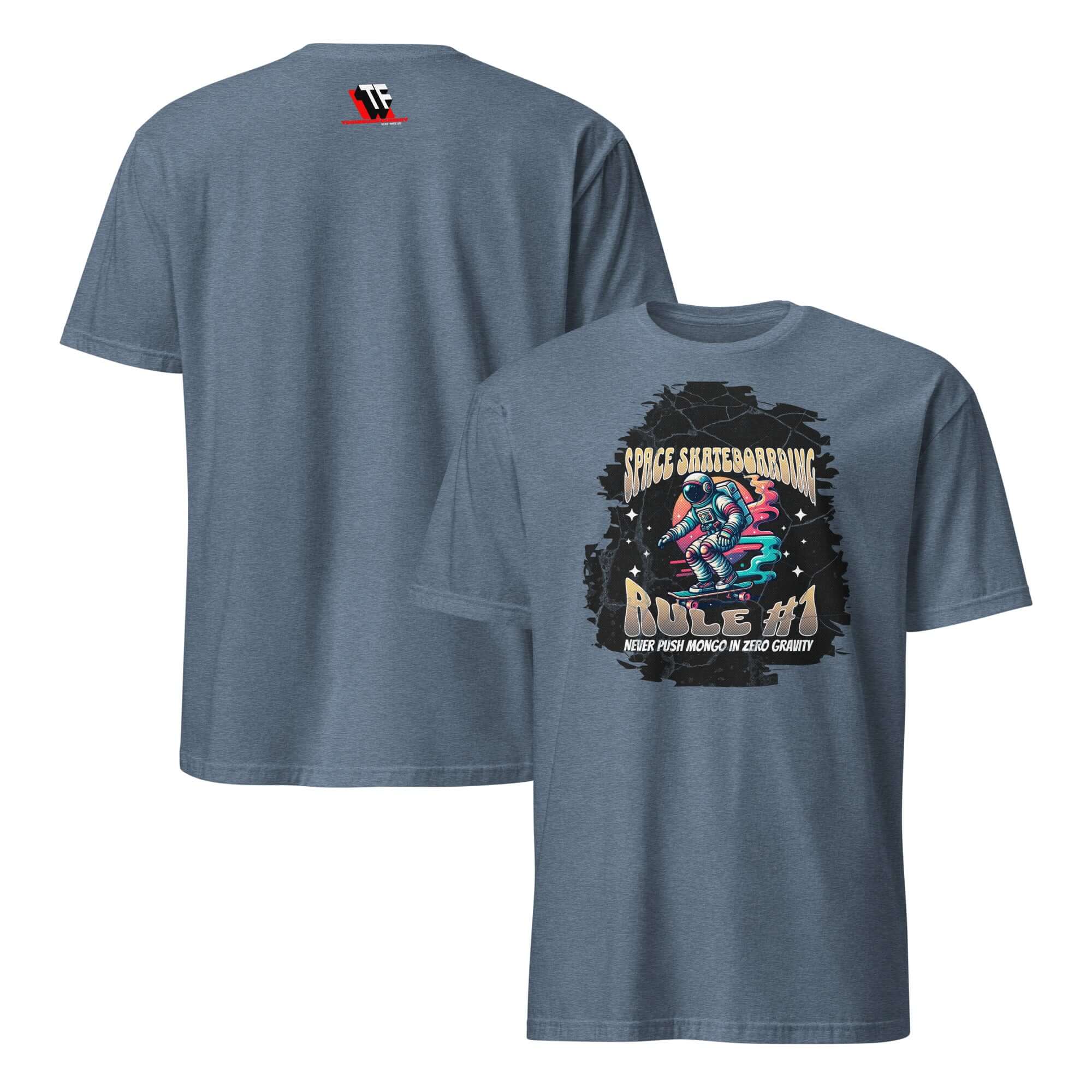 Alt Tag: Space Skateboarding Rule #1 T-Shirt featuring astronaut on skateboard, cosmic design, humor, zero gravity theme.