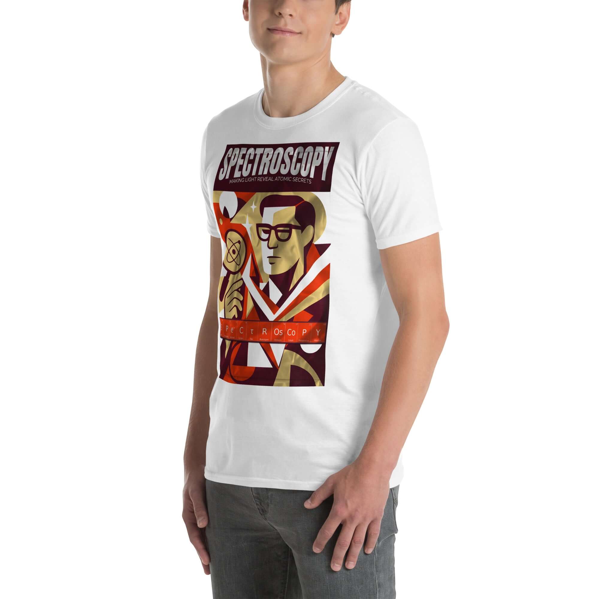 Spectroscopy T-shirt featuring vintage noir design with photonic investigator, prisms, and atomic secrets theme.