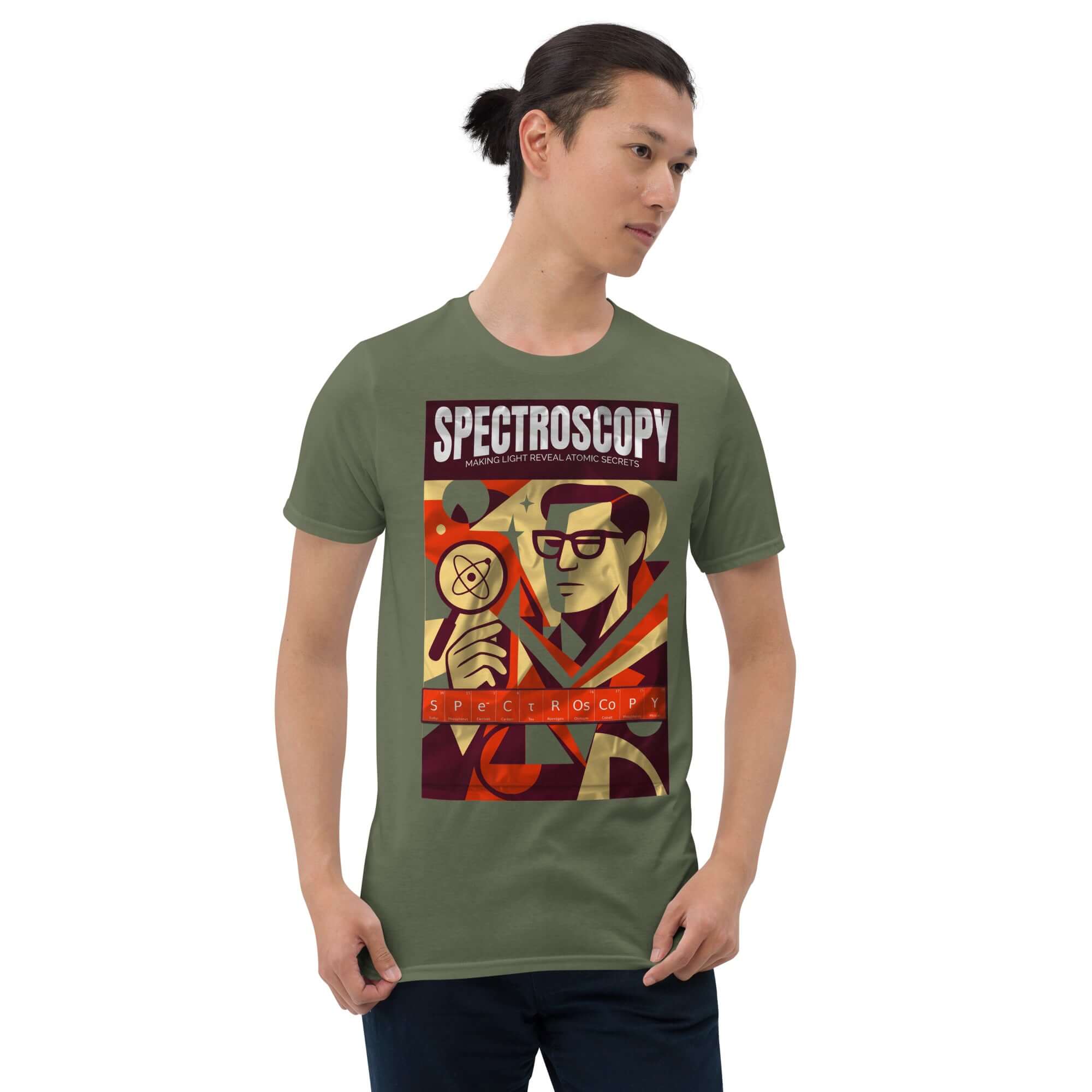 Vintage-style spectroscopy T-shirt with atomic secrets theme, featuring a noir-inspired design and prism imagery.