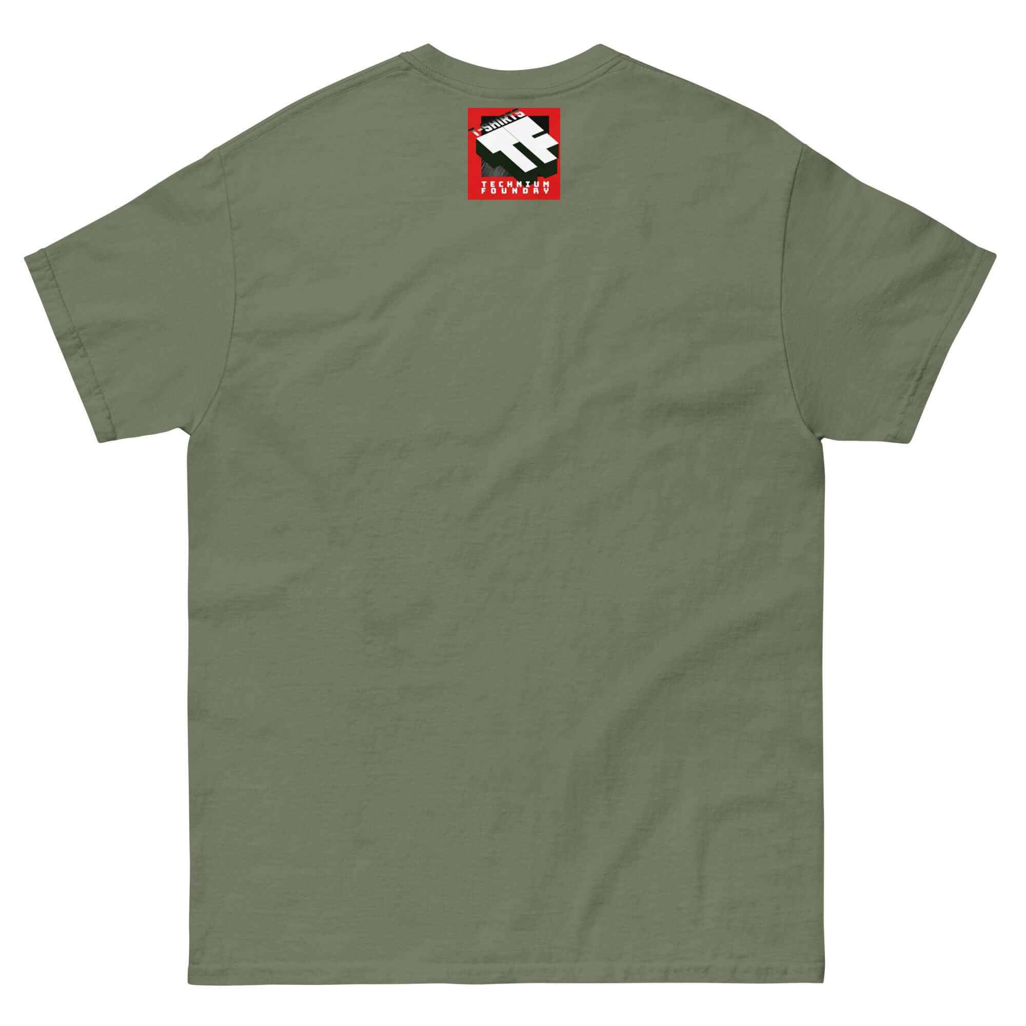 Back view of olive green t-shirt featuring a small red and white graphic on the upper back.
