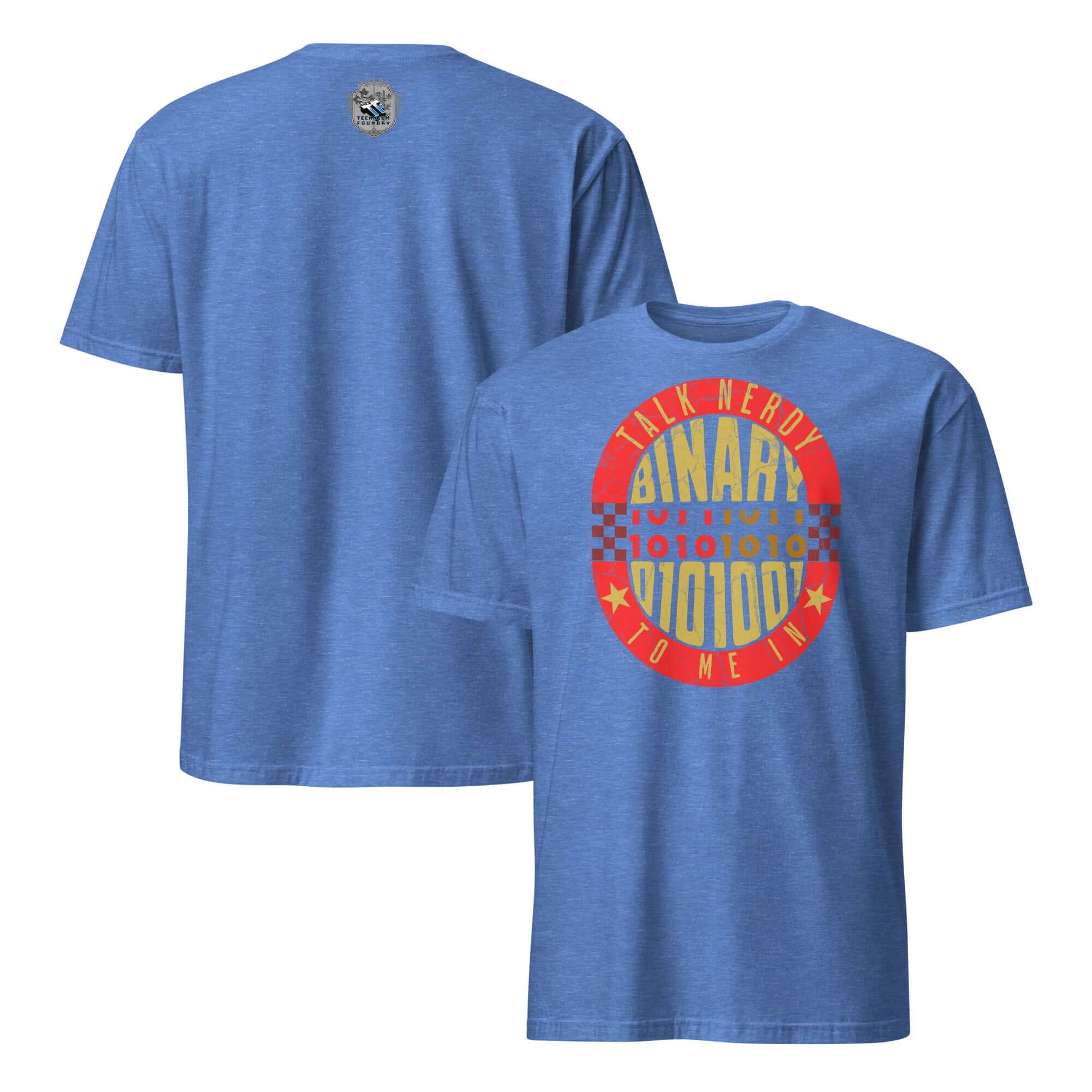 Blue T-shirt featuring 'Talk Nerdy To Me In Binary' graphic, perfect for programmers with a sense of humor.