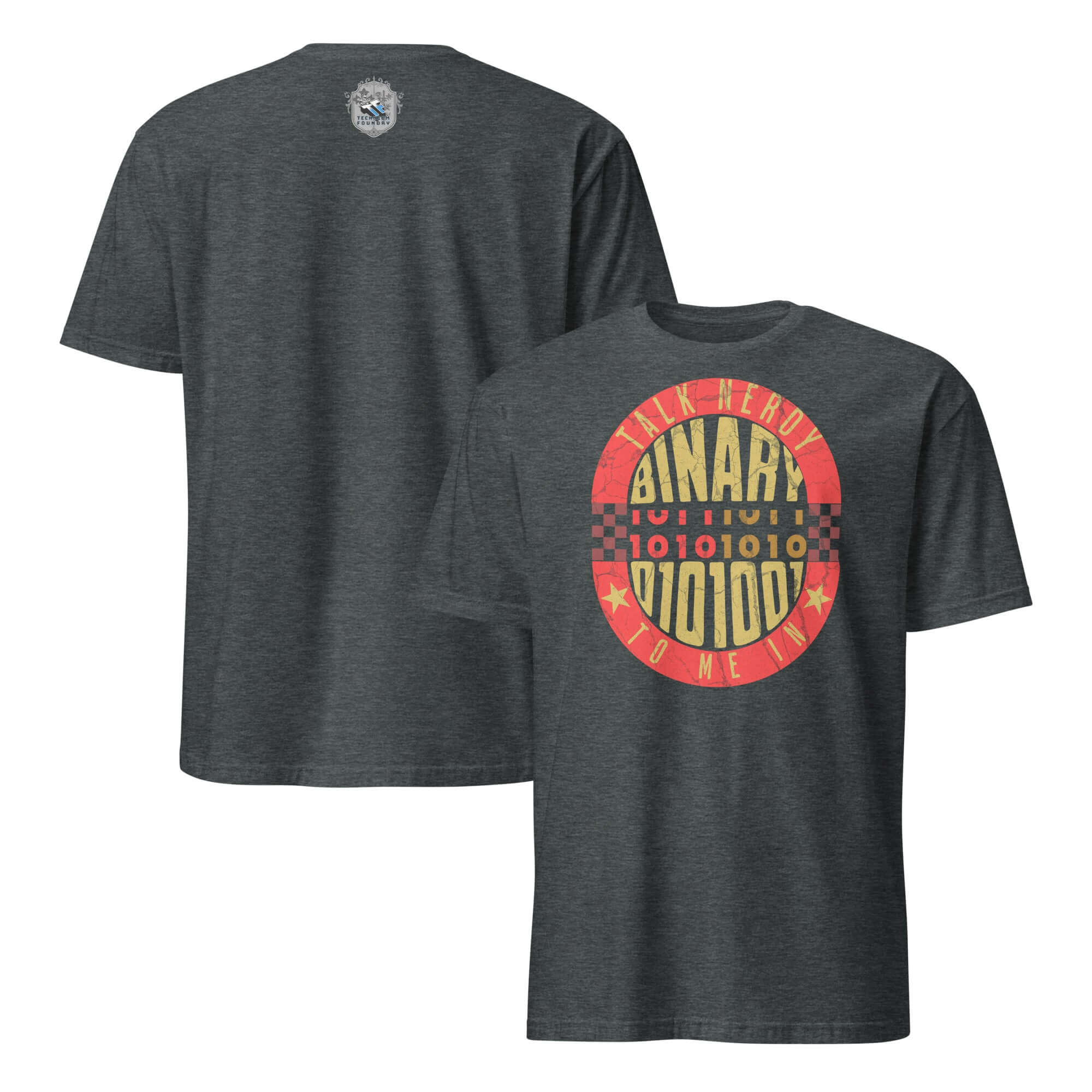 Talk Nerdy To Me In Binary T-Shirt featuring a red and yellow badge design on a charcoal tee, perfect for programmers.