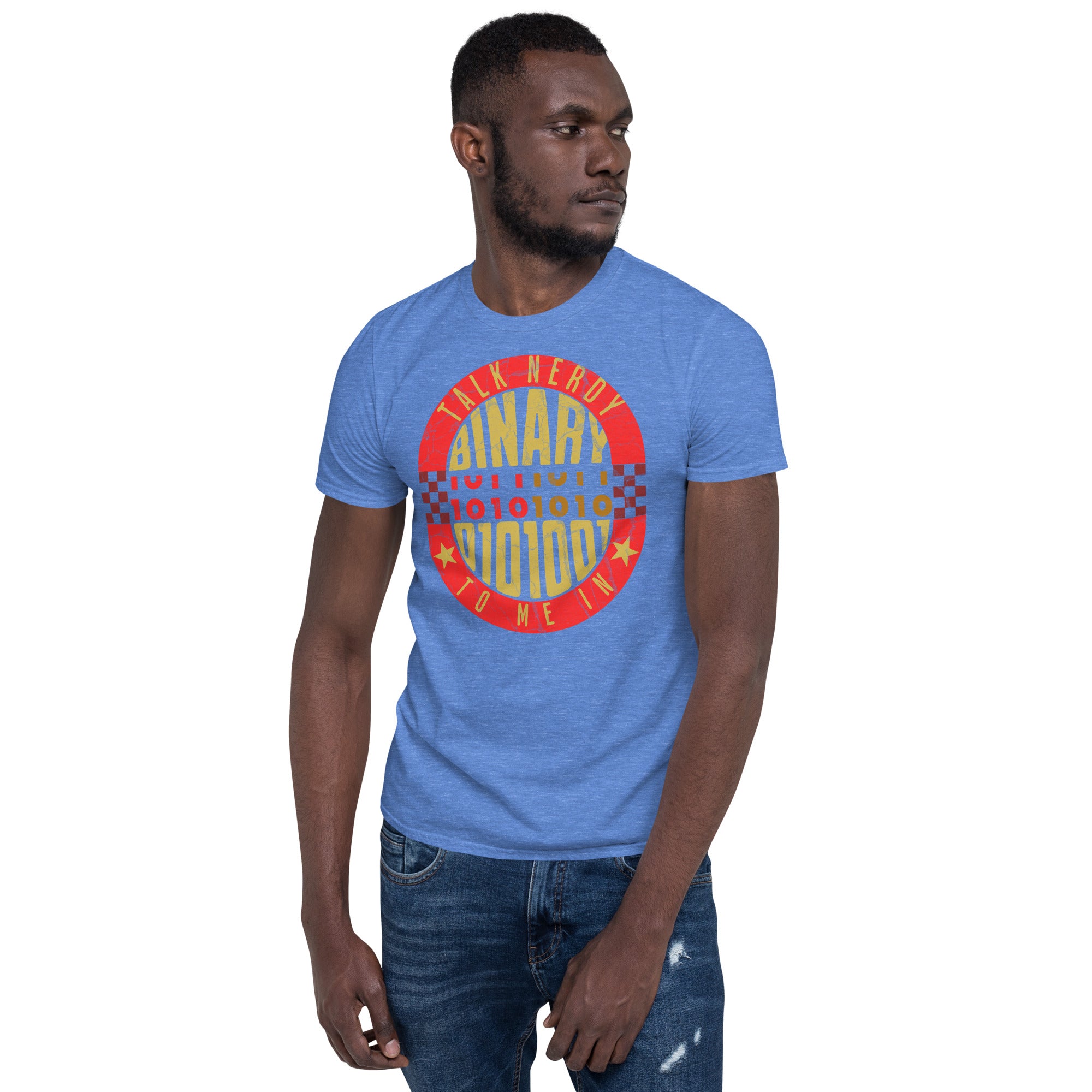 "Talk Nerdy To Me In Binary" T-shirt with vibrant red badge design, worn by male model in blue jeans, ideal for programmers.