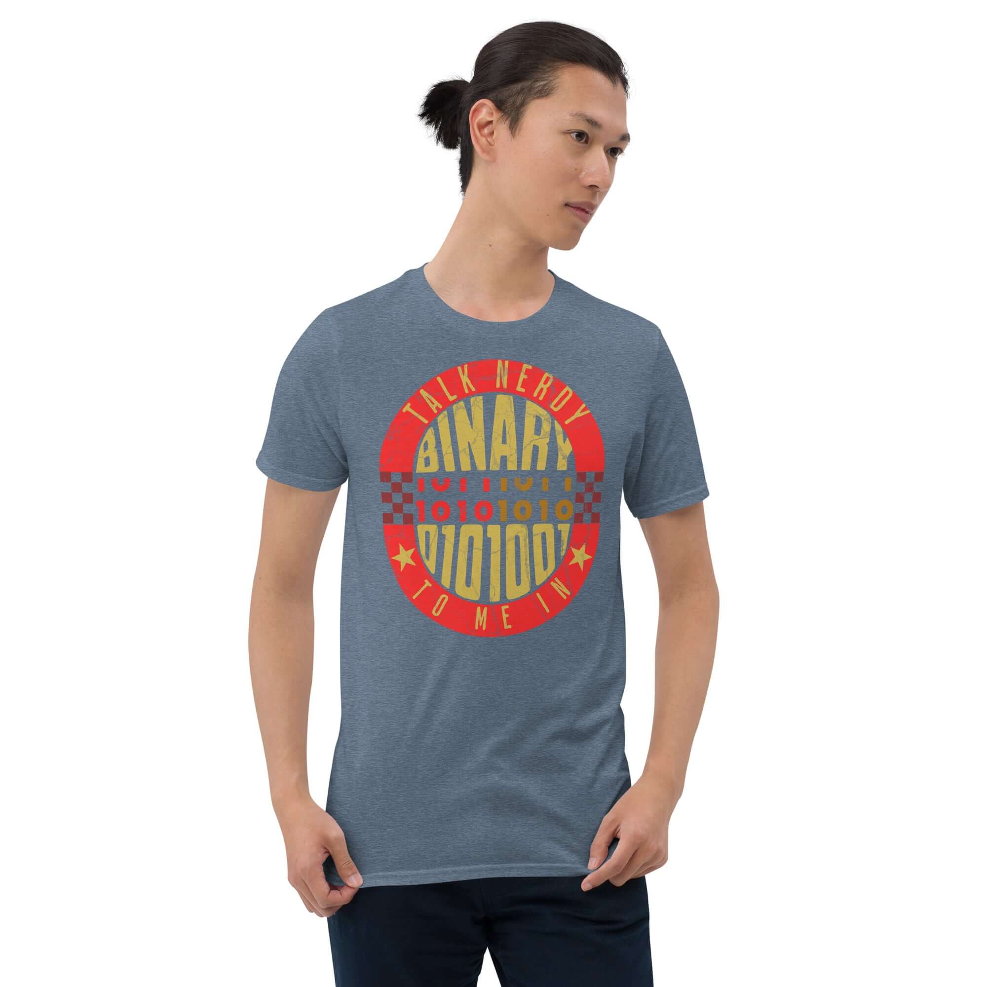Talk Nerdy To Me In Binary T-Shirt, gray color, featuring vibrant red badge design for programmers.