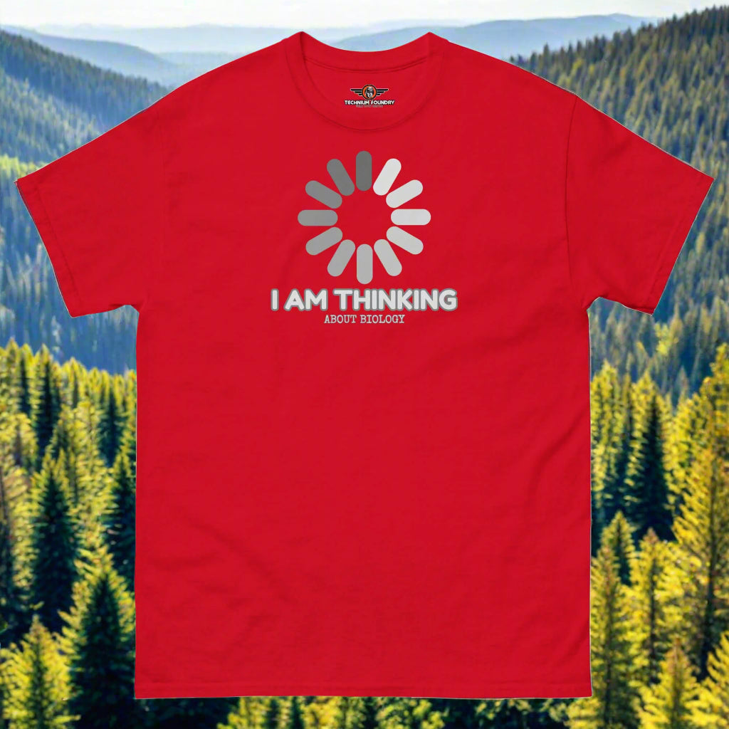 I Am Thinking About Biology T-Shirt in red with loading symbol, humorously representing mental processing, perfect for science enthusiasts.