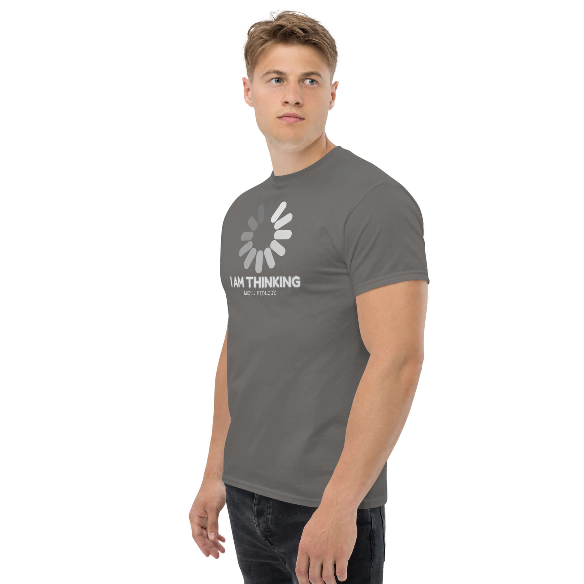 Men's gray t-shirt featuring 'I Am Thinking About Biology' text with loading symbol, perfect for science humor enthusiasts.