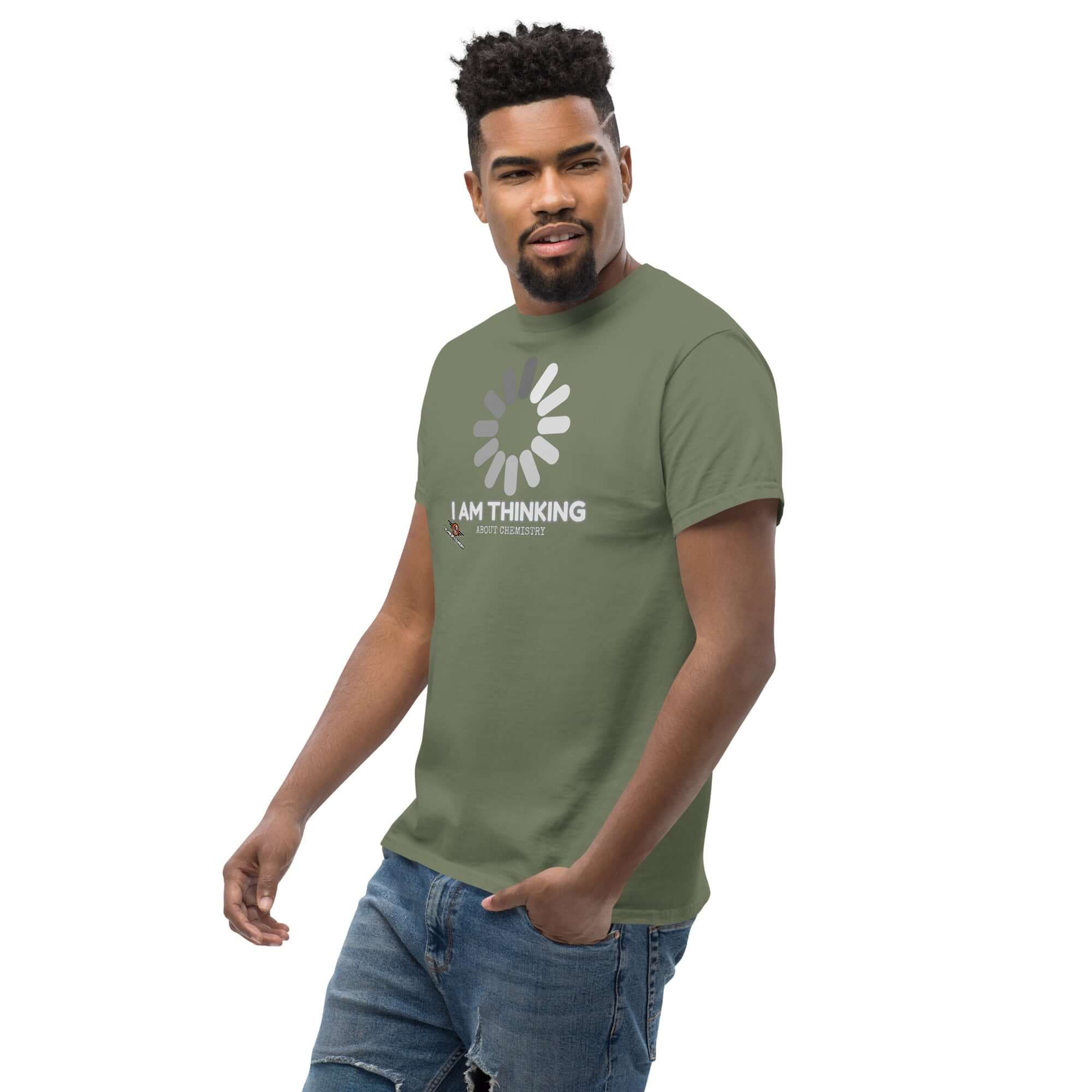 I Am Thinking About Chemistry Loading Screen T-Shirt with unique design, worn by model, ideal for science enthusiasts.