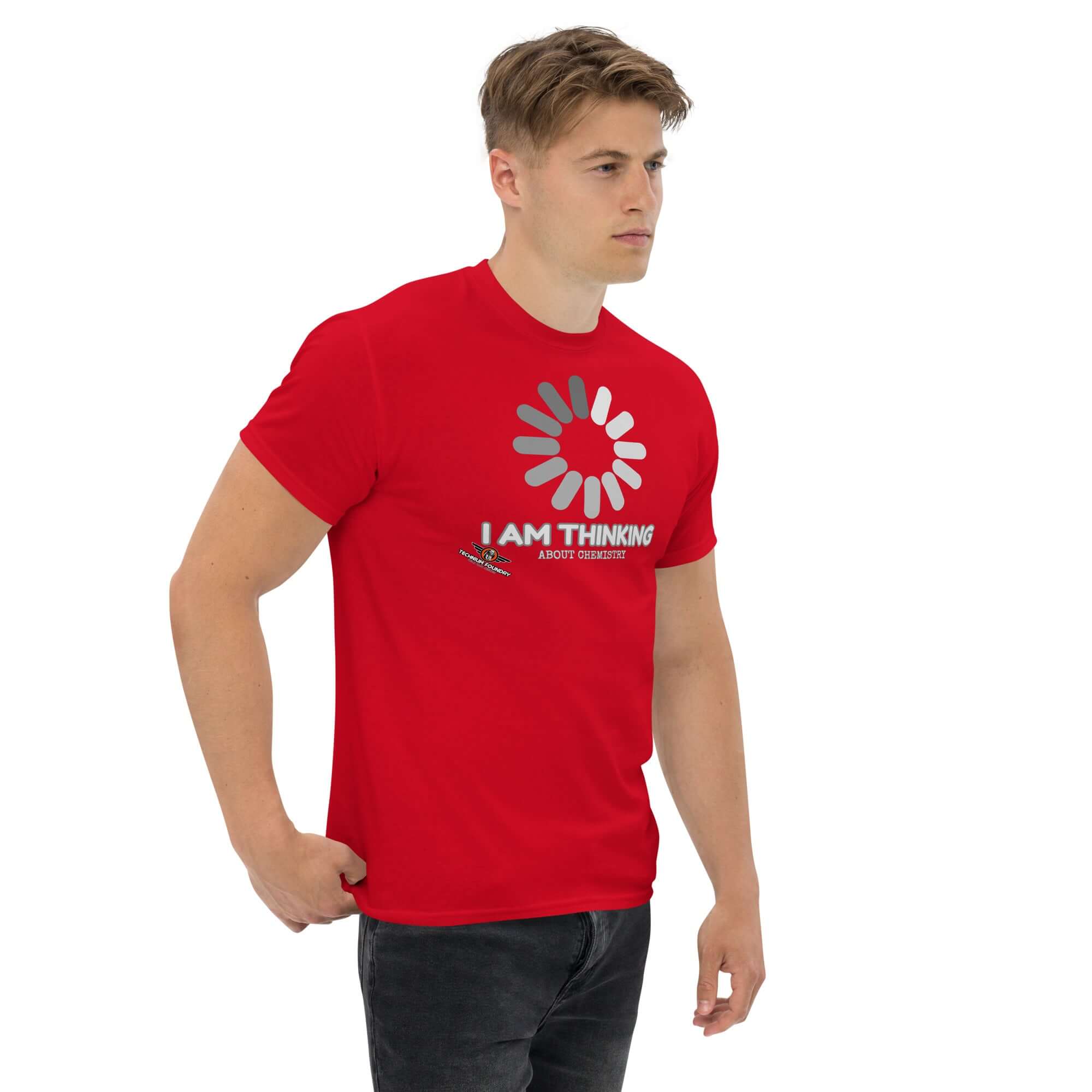 Man wearing red "I Am Thinking About Chemistry" loading screen t-shirt, perfect for chemistry enthusiasts and science lovers.