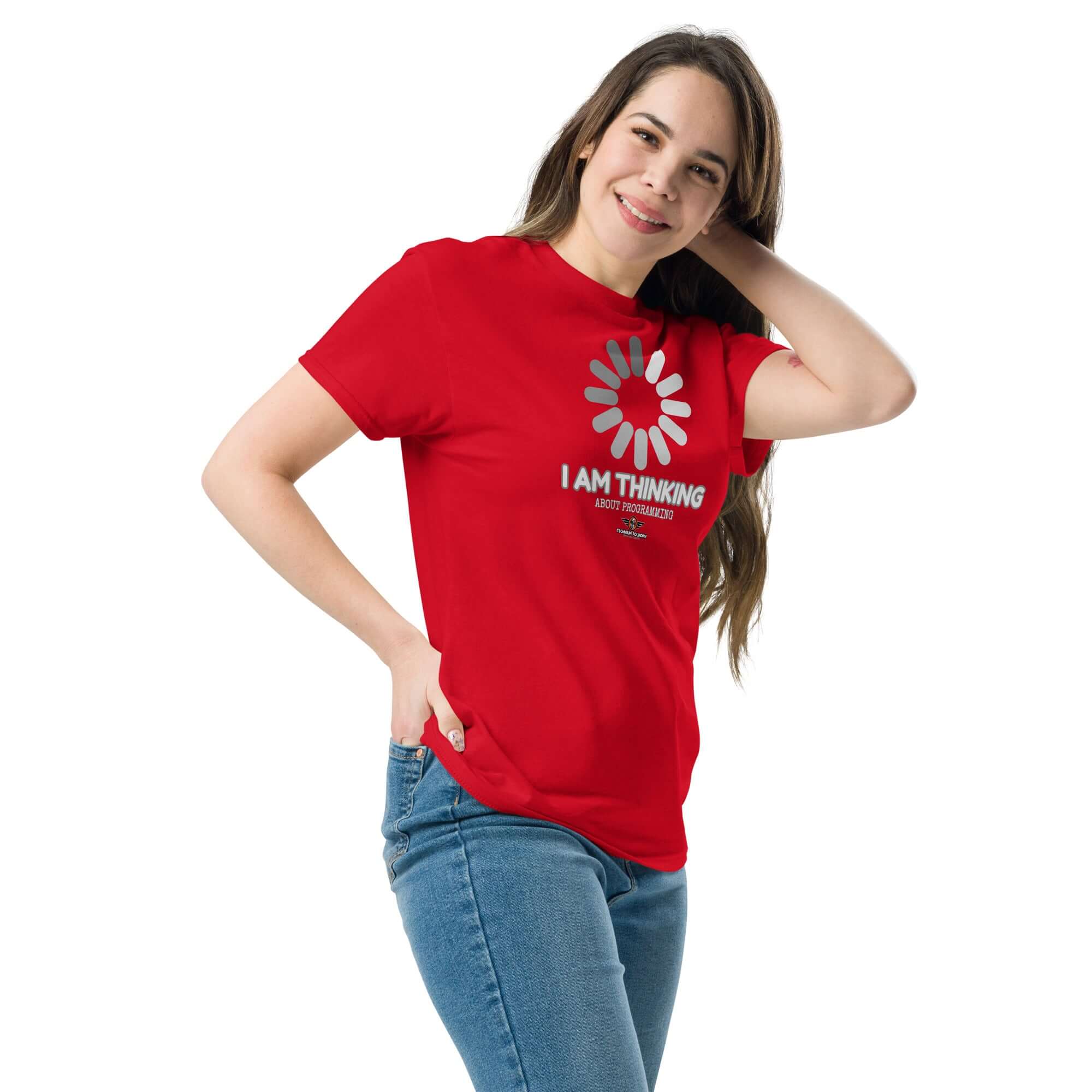 Red 'I Am Thinking About Programming' t-shirt with loading screen design; perfect for coders in a mental CPU loop. Casual geek fashion.